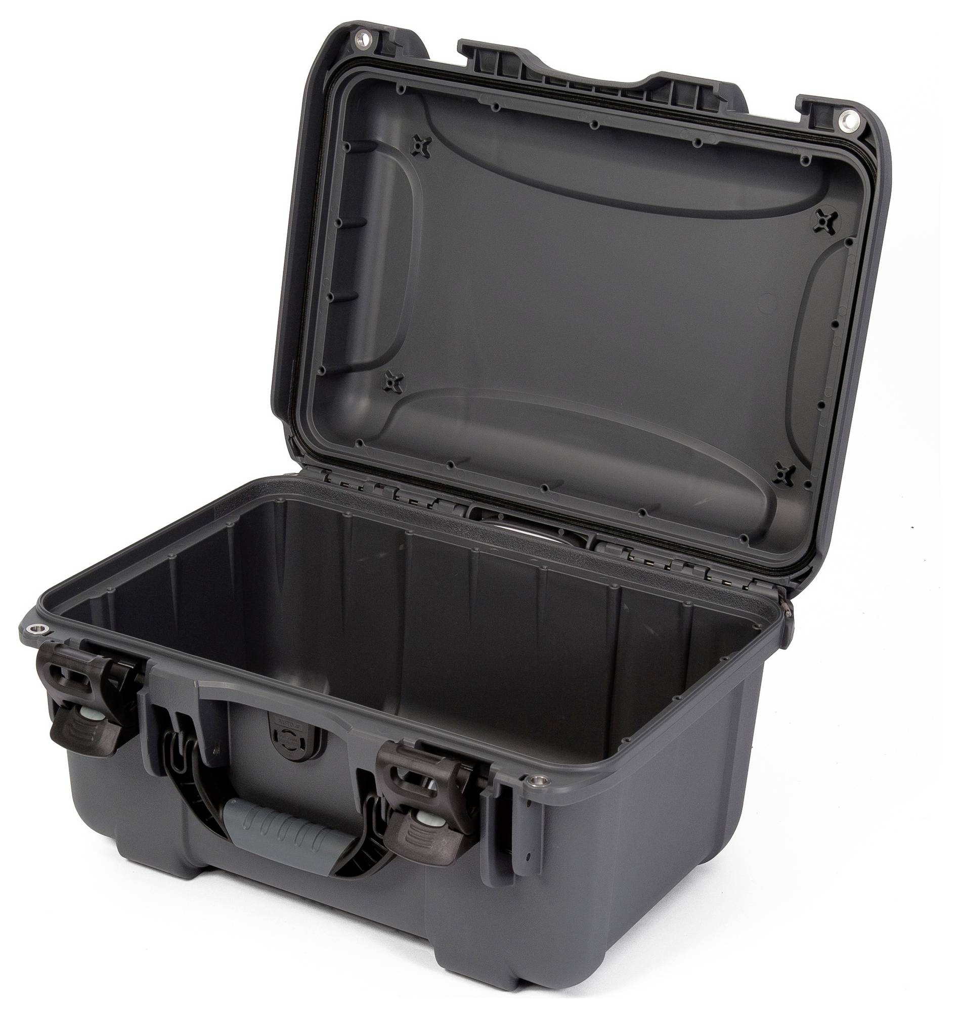 An empty, open black hard-shell suitcase. The lid is raised and the interior is bare and devoid of contents.