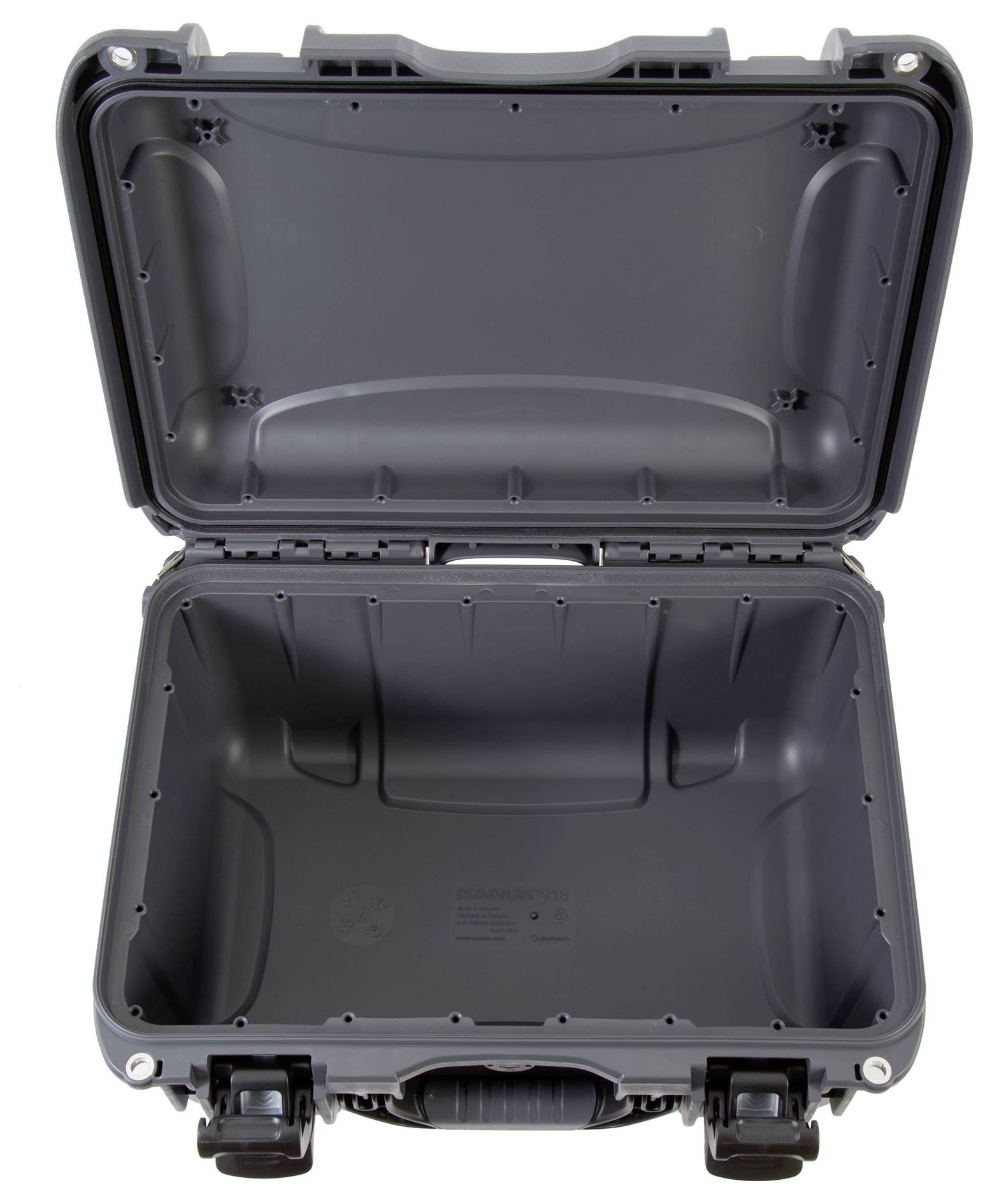 An opened, empty grey hard-shell suitcase with shock-resistant design, suitable for securely storing and transporting delicate items.