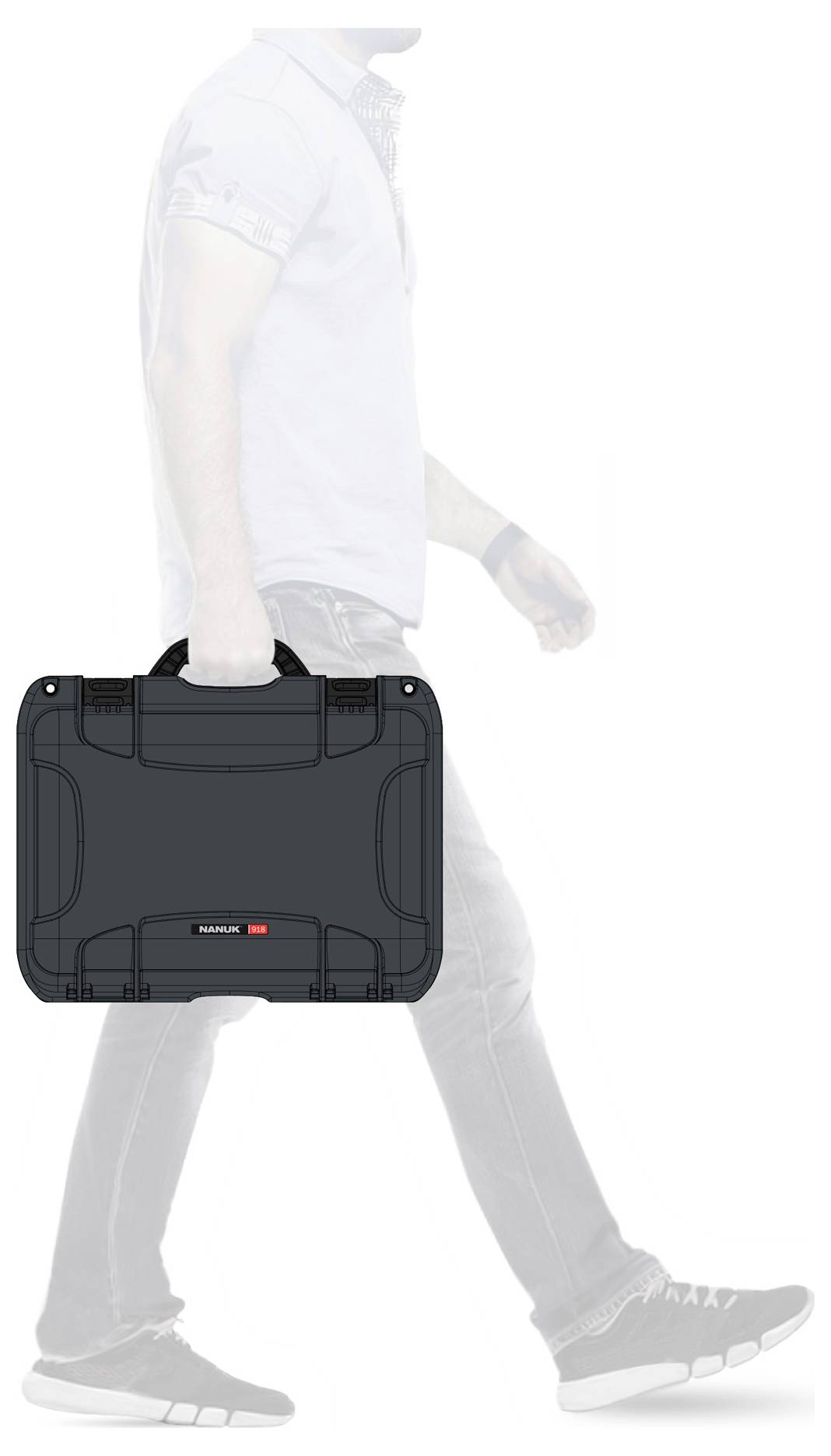 A man is carrying a black suitcase in his hand. The focus is on the suitcase.