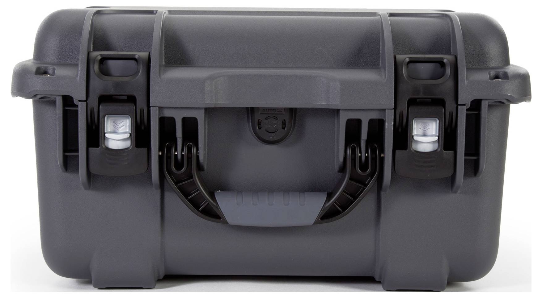 A black hard-shell suitcase with snap locks and a carry handle.
