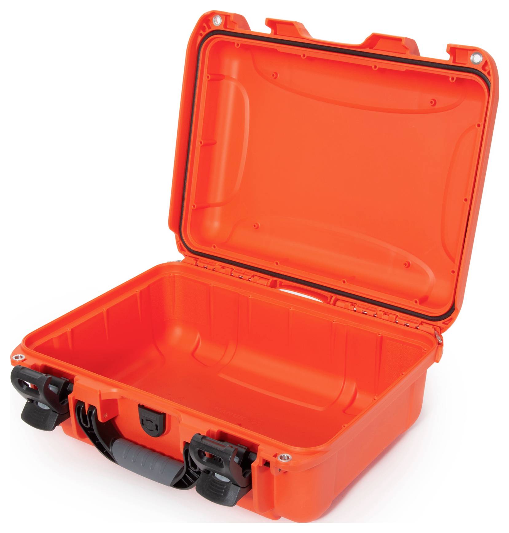 Orange open suitcase with a black handle and clasps.