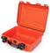 Orange open suitcase with a black handle and clasps.