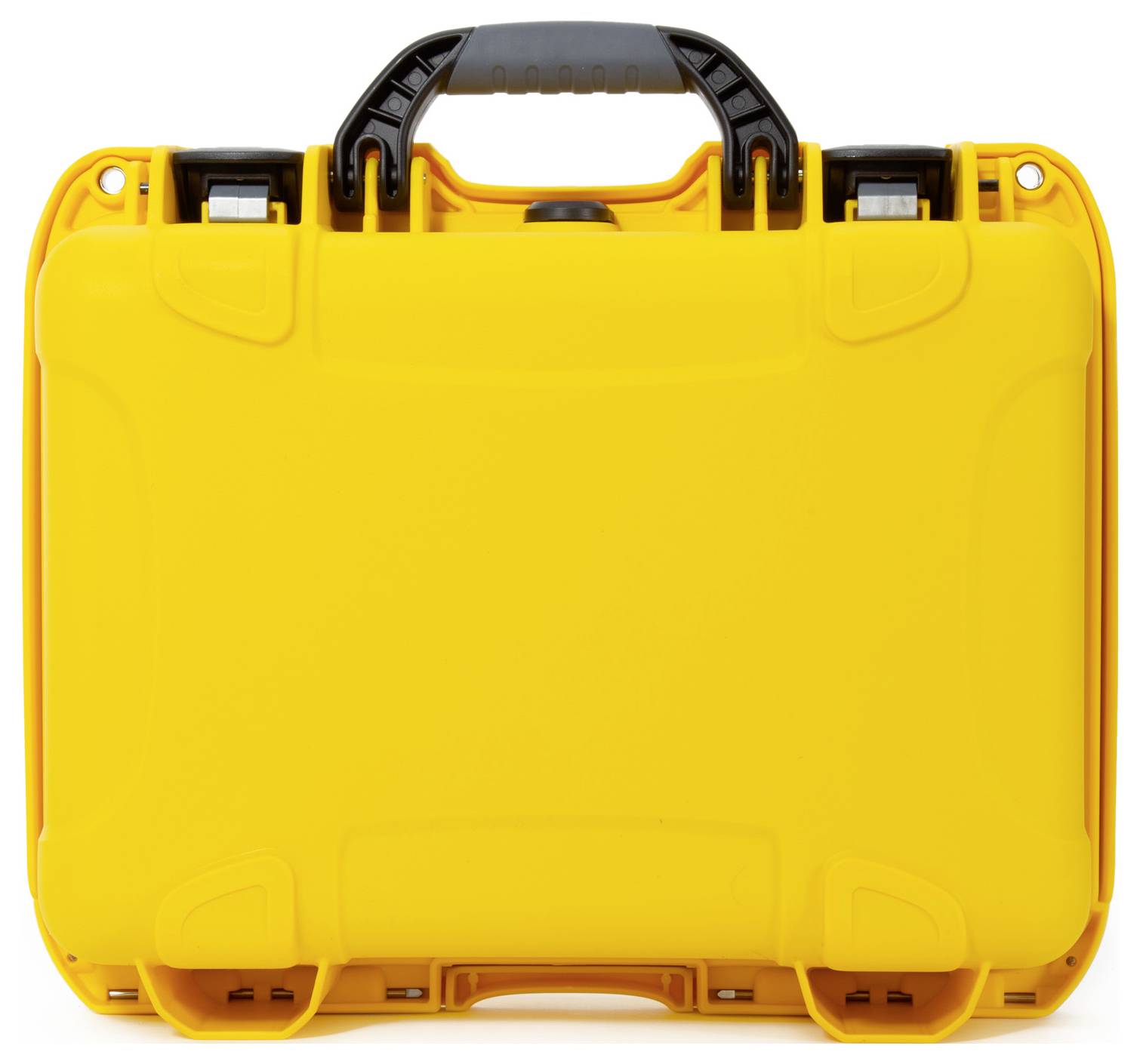 A yellow toolbox with a black handle is closed and visible from the front.
