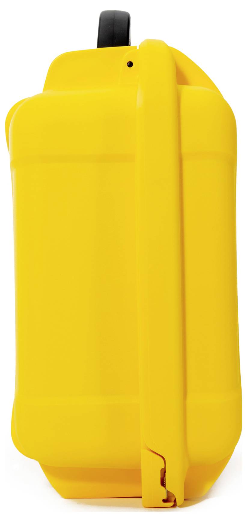 Yellow, upright wheeled suitcase with black handle.