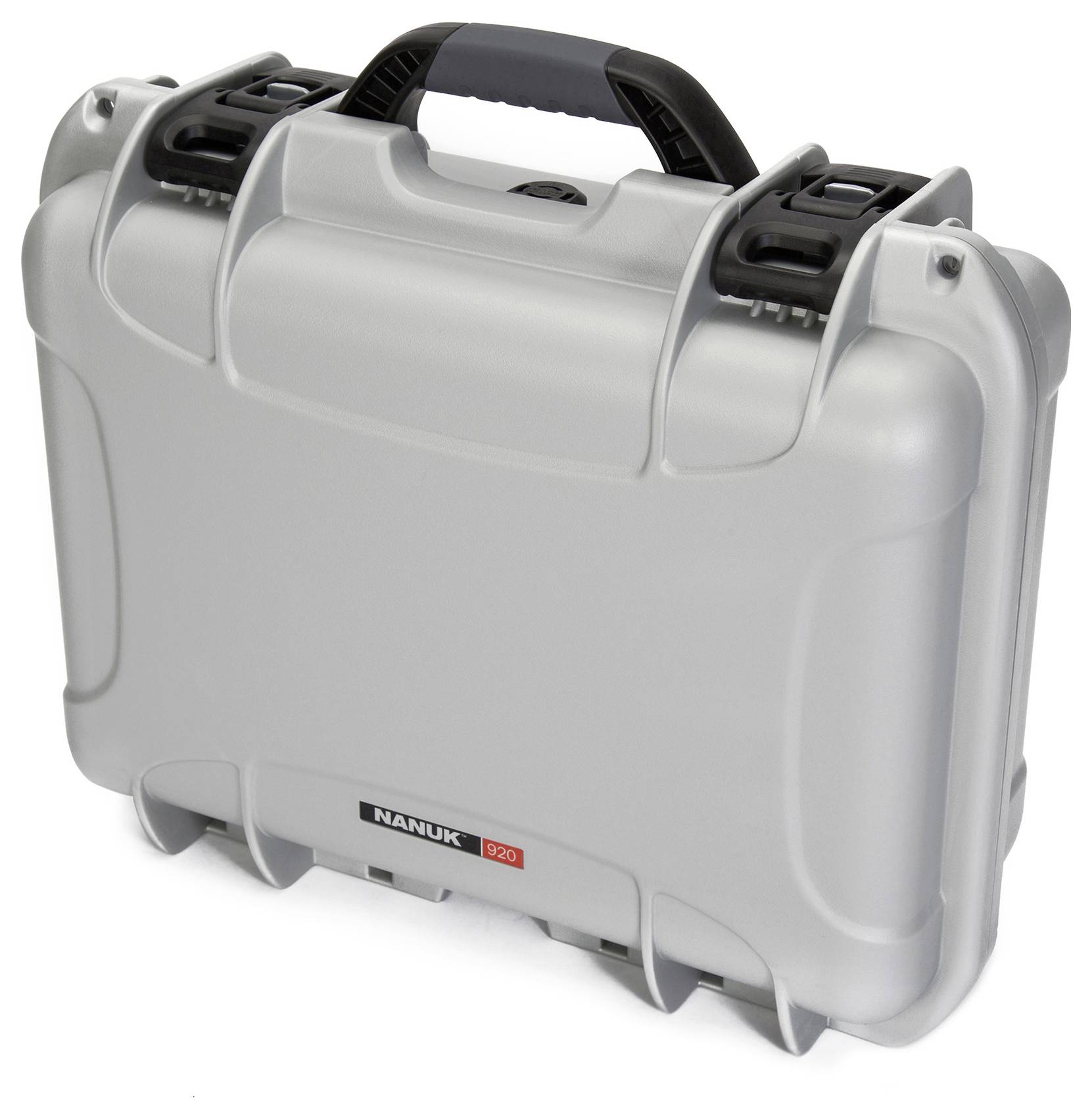 Silver protective case with handle and two black locks. Brand name 'Nanuk 920' on the front. Robust and portable.