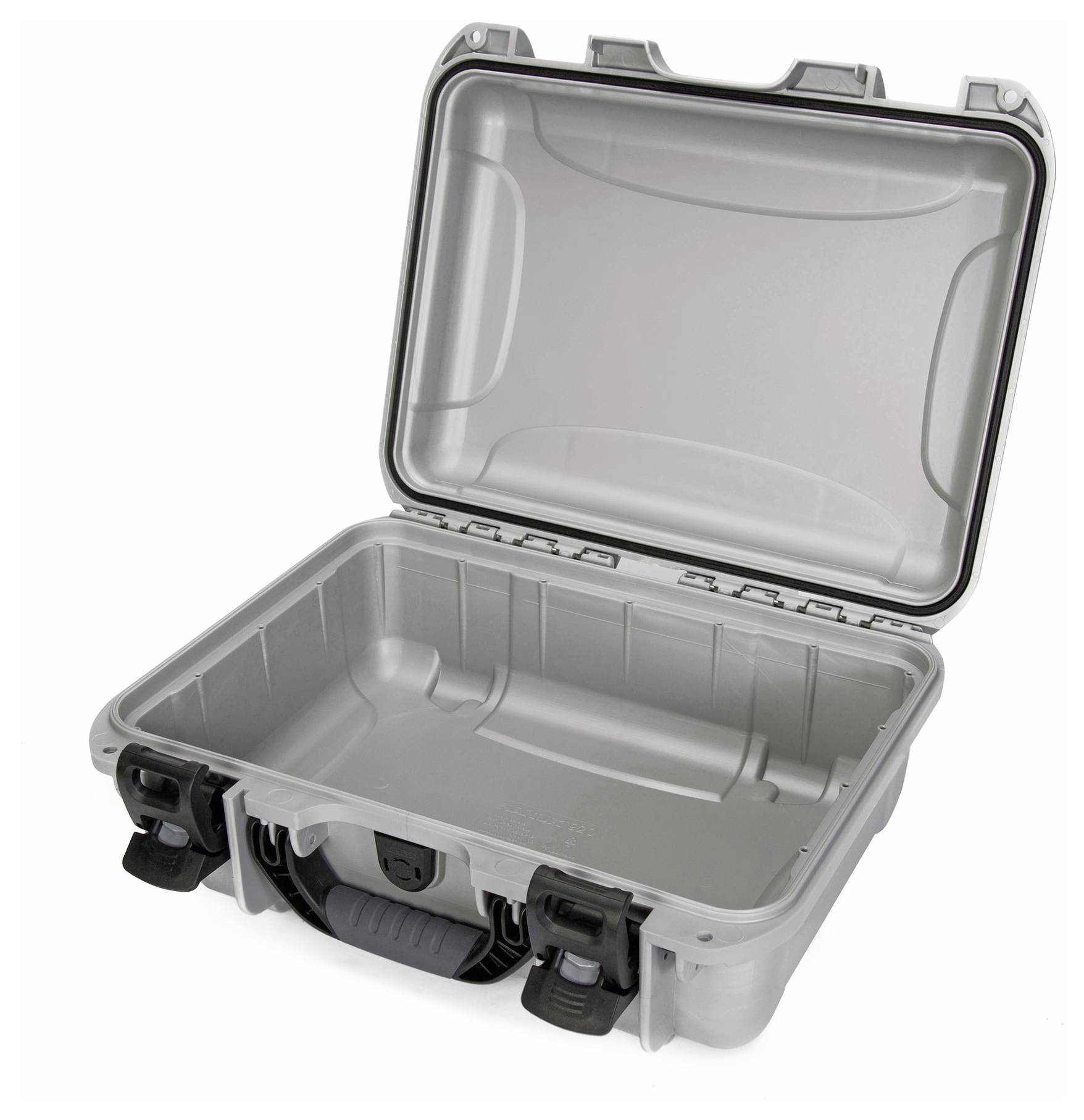 An open, empty, grey protective case with robust locks and handle is visible. Ideal for securely transporting delicate items.