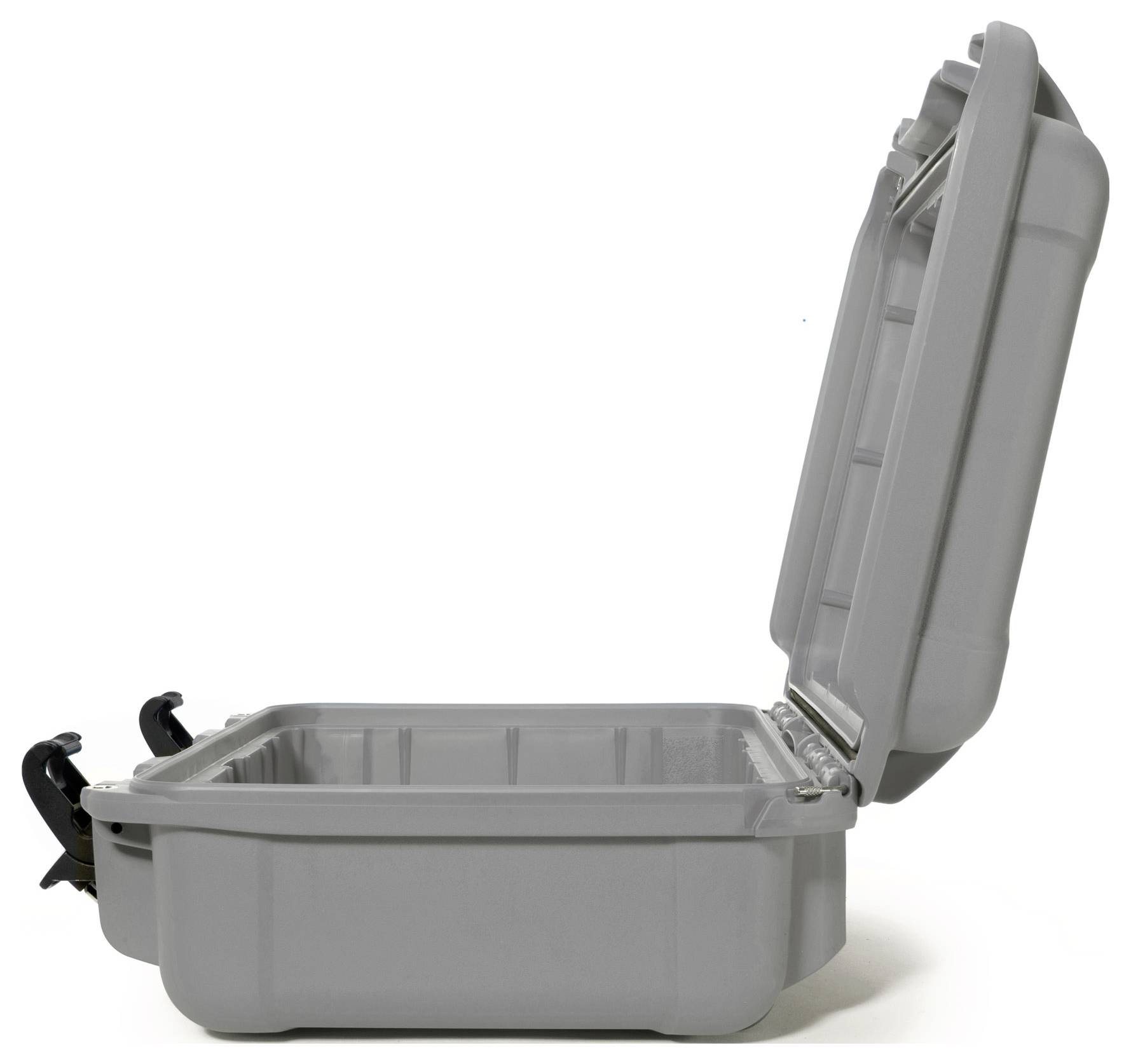 Grey, open hard-shell suitcase viewed from the side, with two locks at the front. The suitcase is empty and designed for secure storage.