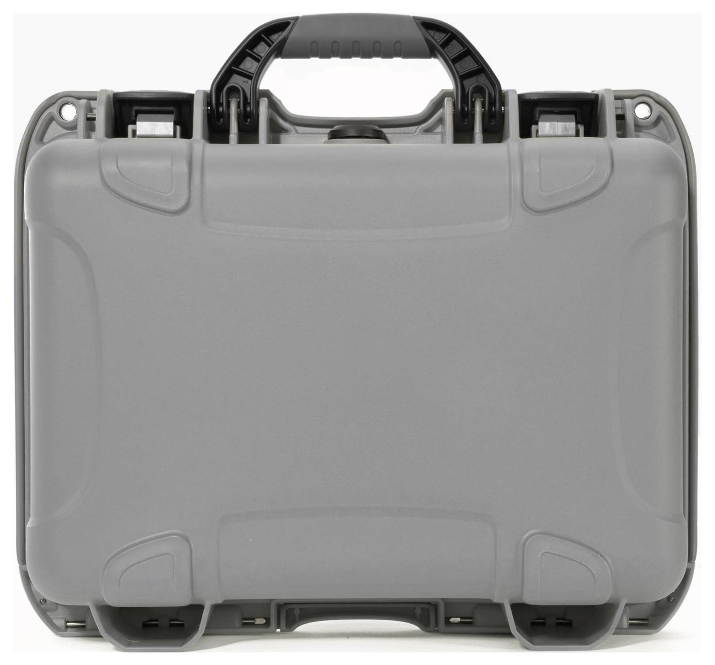 A grey, sturdy suitcase with a black handle.