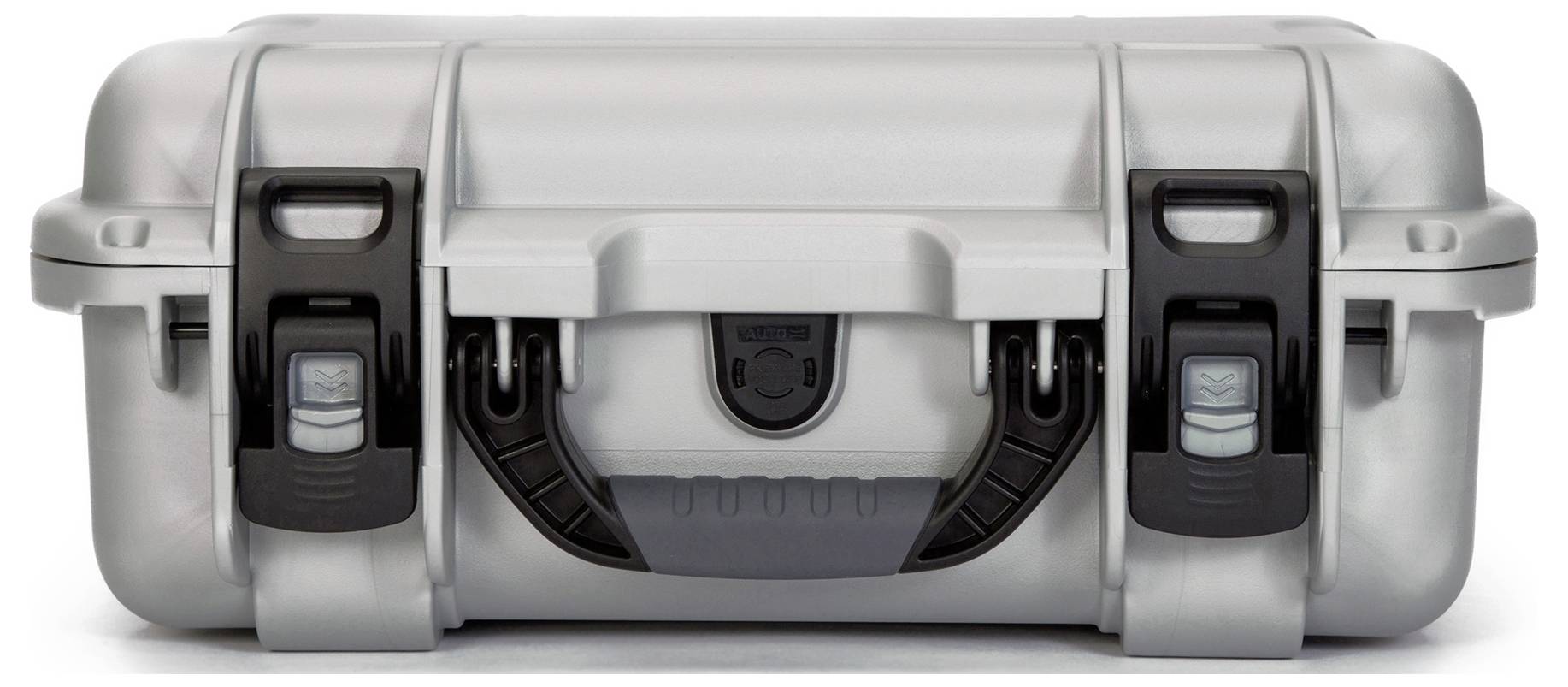 Robust, silver hard-shell case with black latches and a central, sturdy handle. Ideal for protecting equipment.