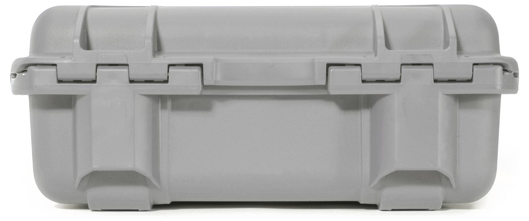 Grey, hard plastic case with latching clips and carrying handle.
