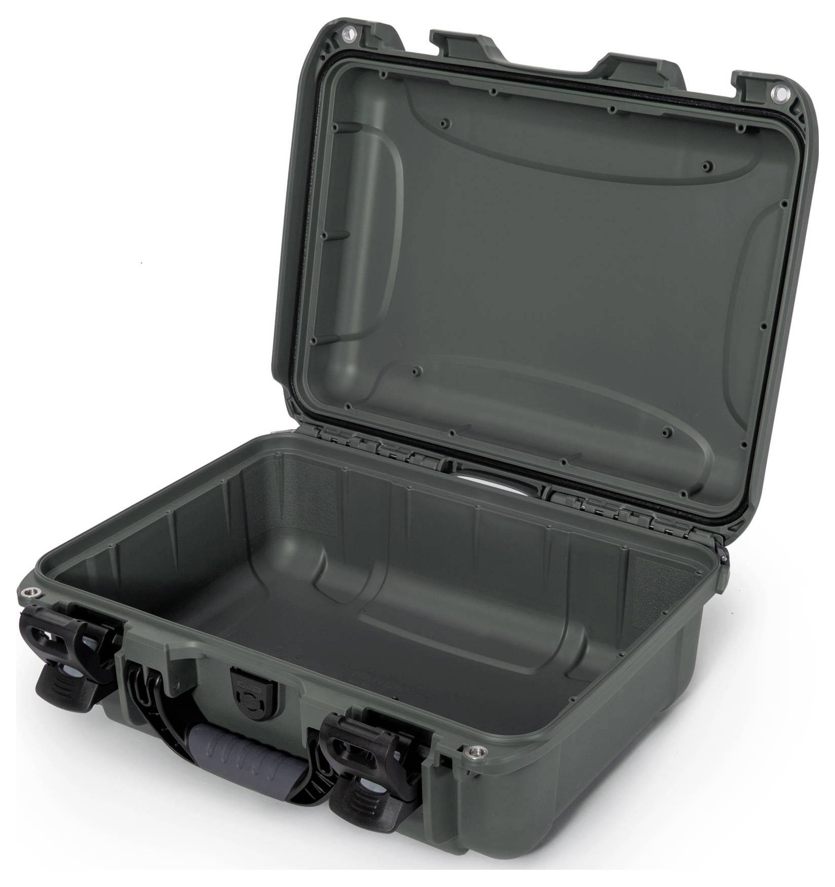Dark green, open hard-shell suitcase, empty and ready for use. Sturdy handle and snap locks visible.