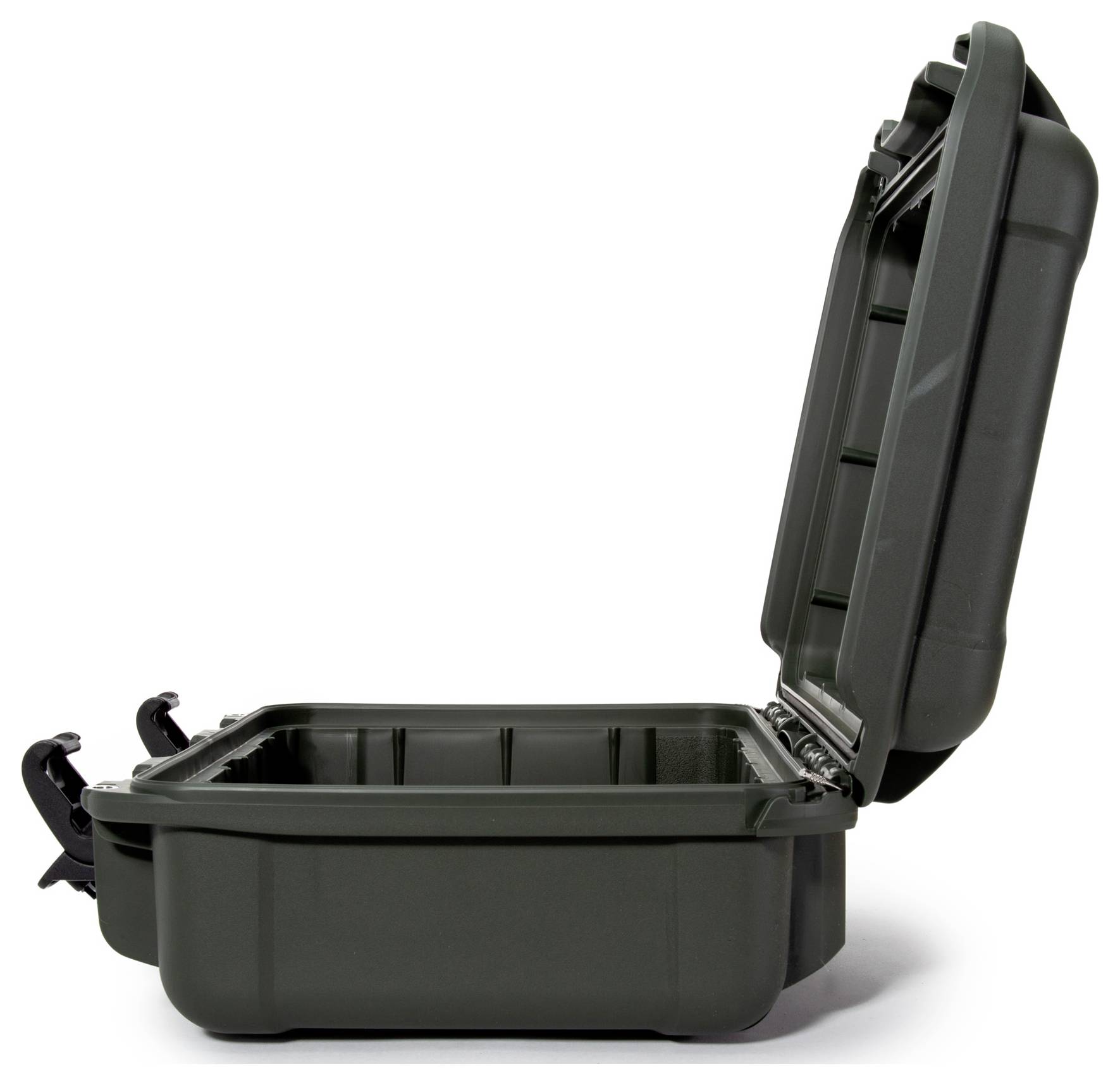 Sturdy, open black protective case made from robust material with foam padding, suitable for the safe transportation of fragile items.