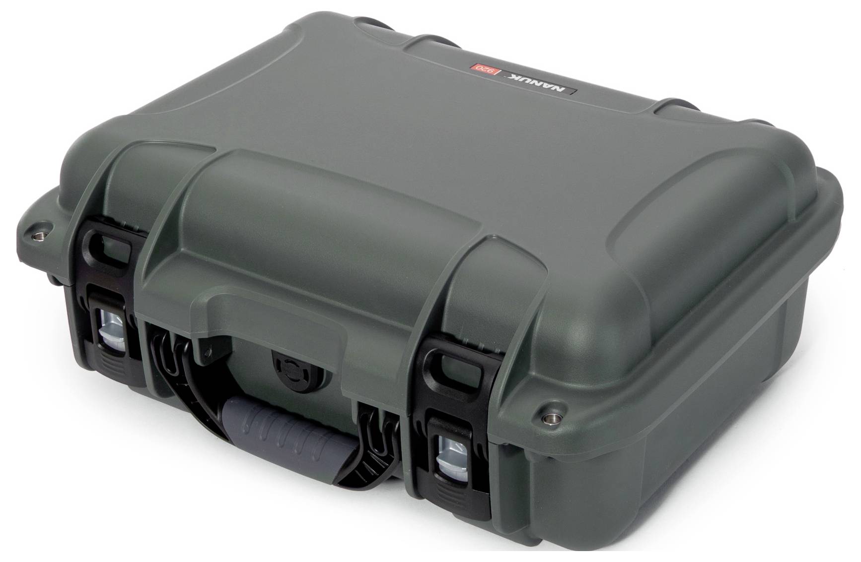 A robust, dark green tool box with a carry handle, suitable for protecting delicate equipment during travel.