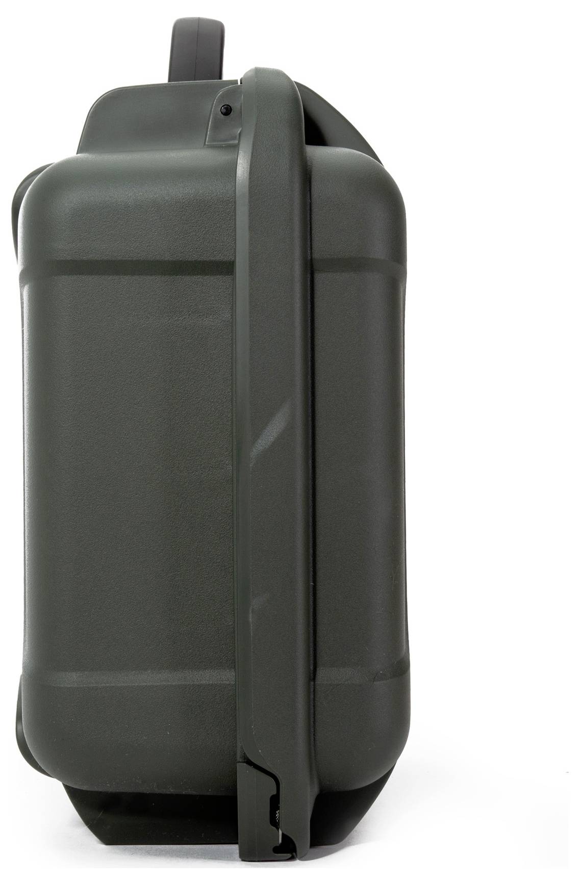 A dark, upright hard-shell suitcase with an extendable handle at the top and wheels at the bottom, suitable for travelling.