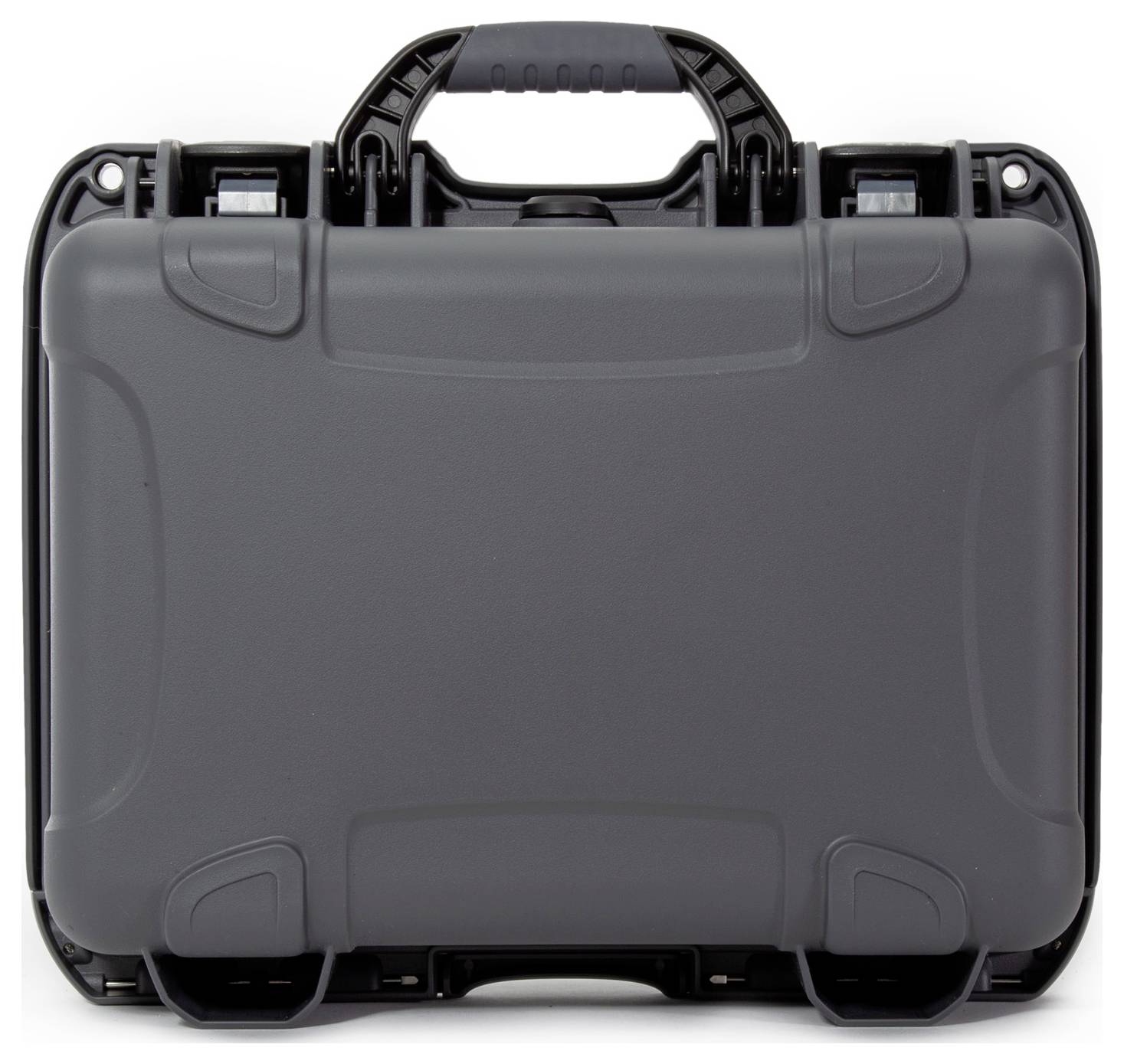 Dark, sturdy hard-shell suitcase with robust locks and carry handle. Ideal for securely transporting items.