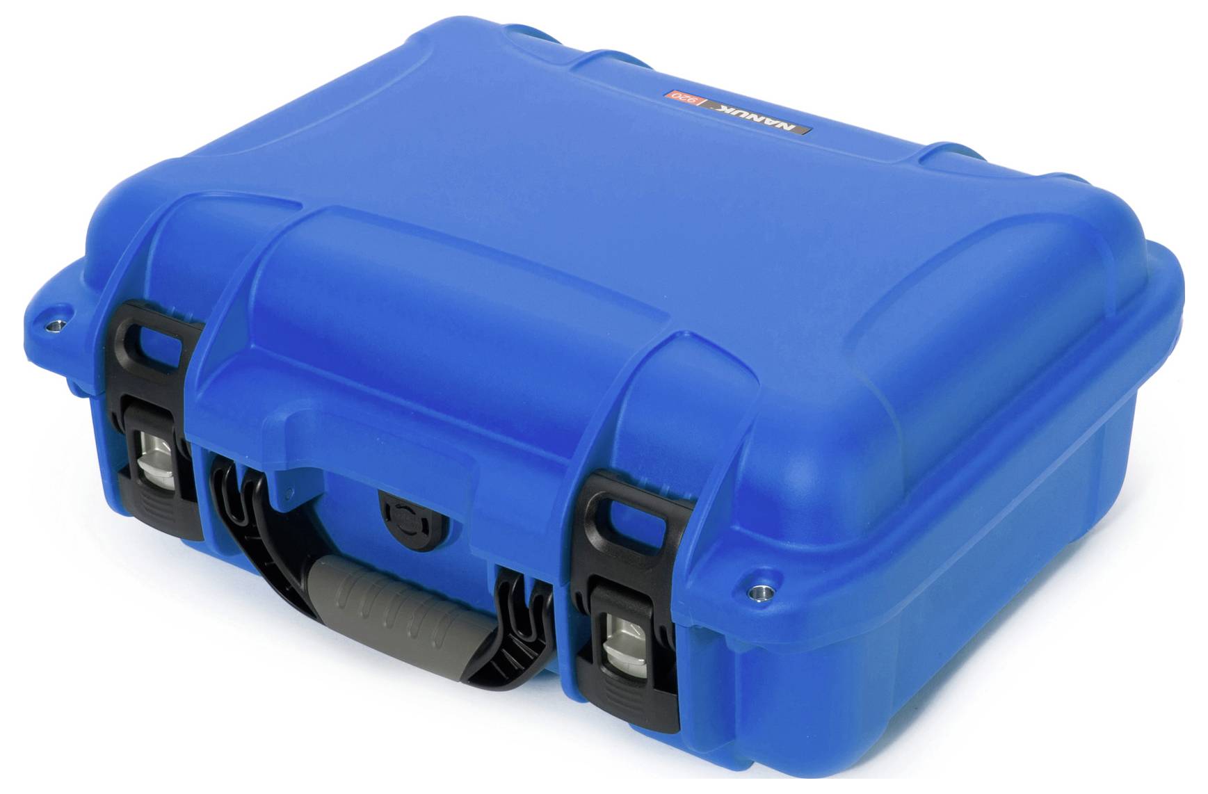 Blue hard-shell suitcase with black handle and silver buckles, suitable for the secure transportation of delicate equipment.