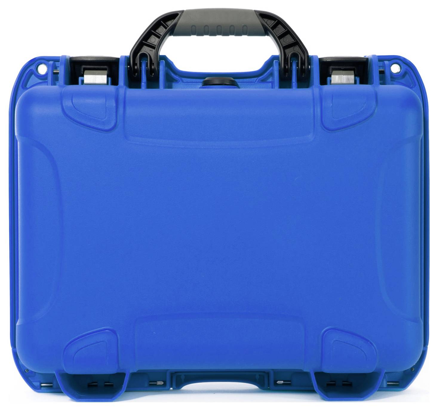 Blue, robust toolbox with black handle, closed.