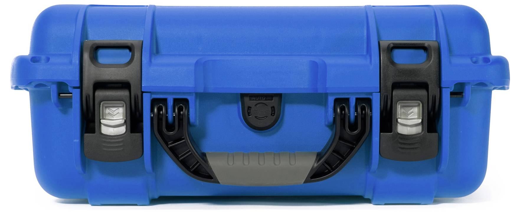A blue, sturdy suitcase with two black catches and a carry handle.