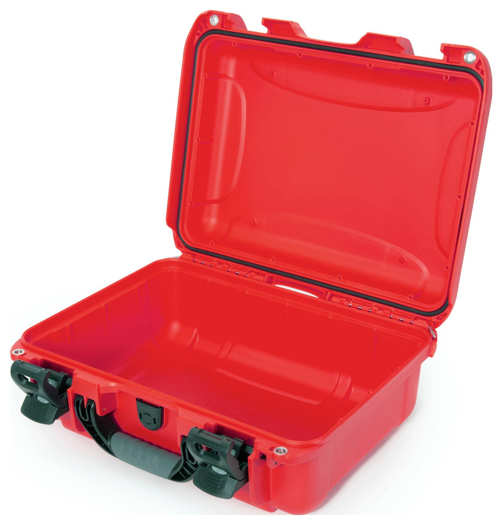 Red, open suitcase with robust design. Suitable for protecting delicate items during transportation.
