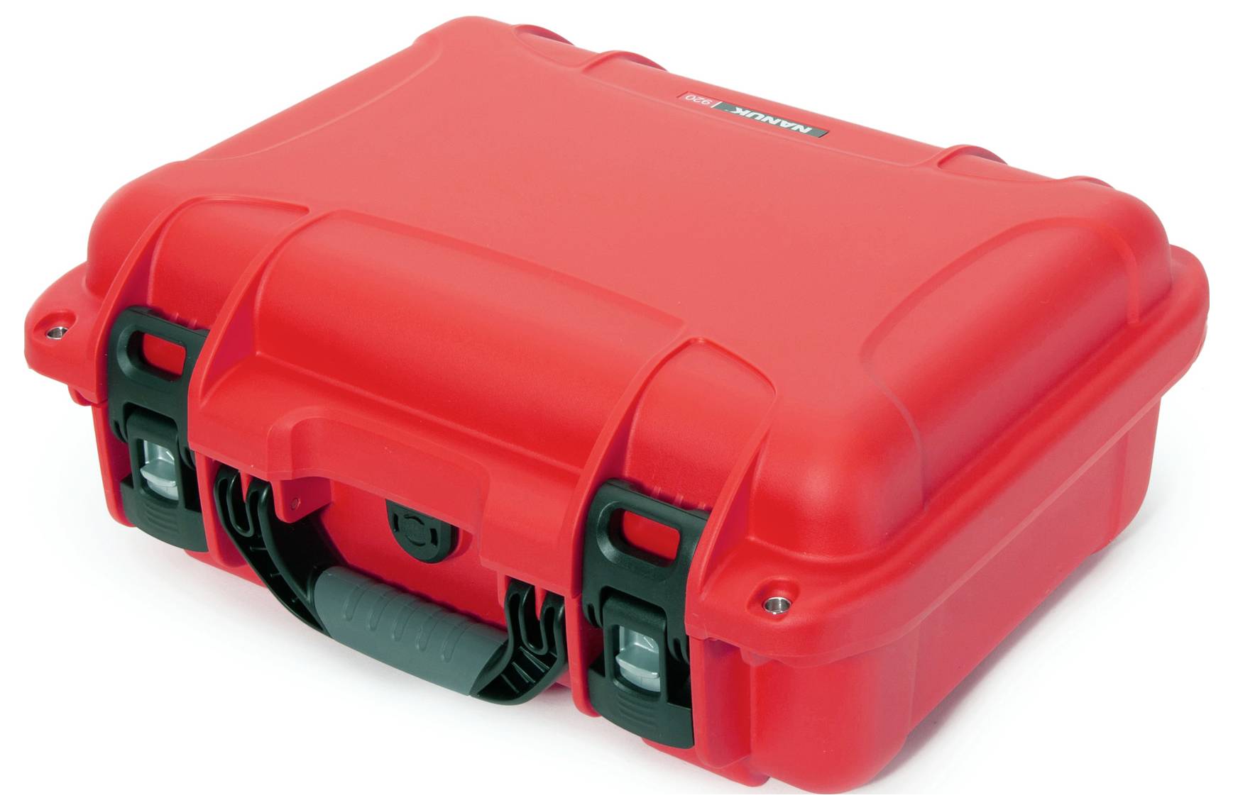 Red, robust-looking protective case with locks and an ergonomic handle, suitable for secure storage and transportation.