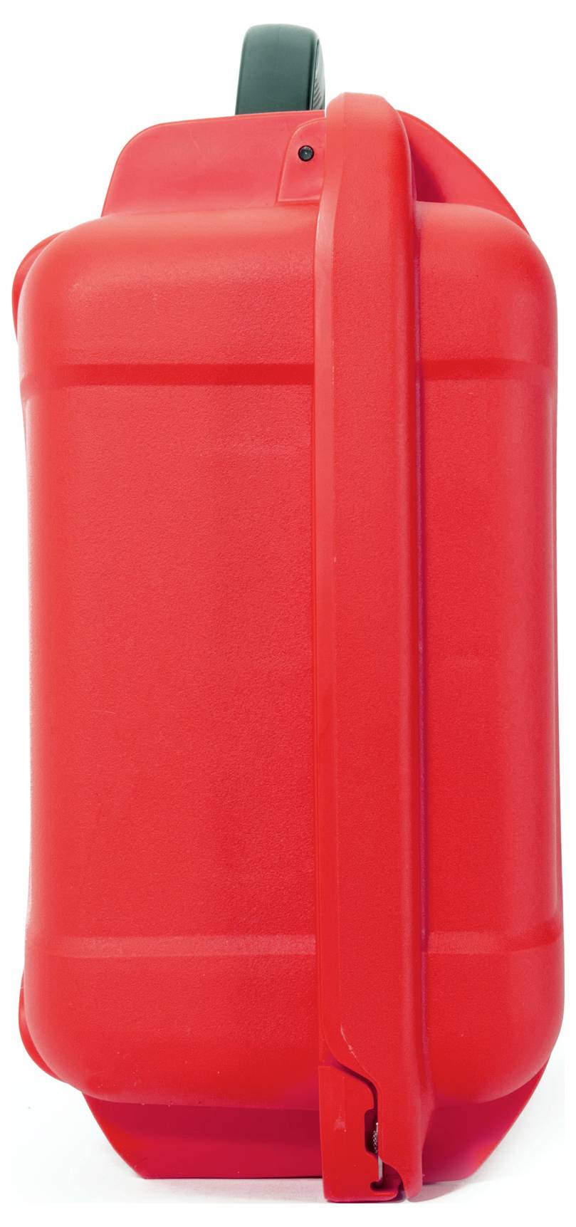A red petrol can in side view with a green handle, isolated on a white background.