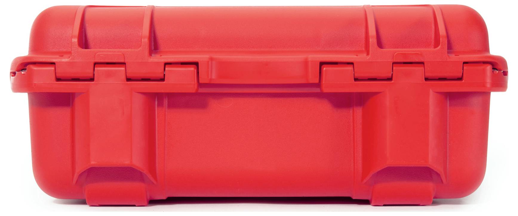 Red protective plastic case with robust design and front-side closures. Ideal for securely transporting delicate equipment.