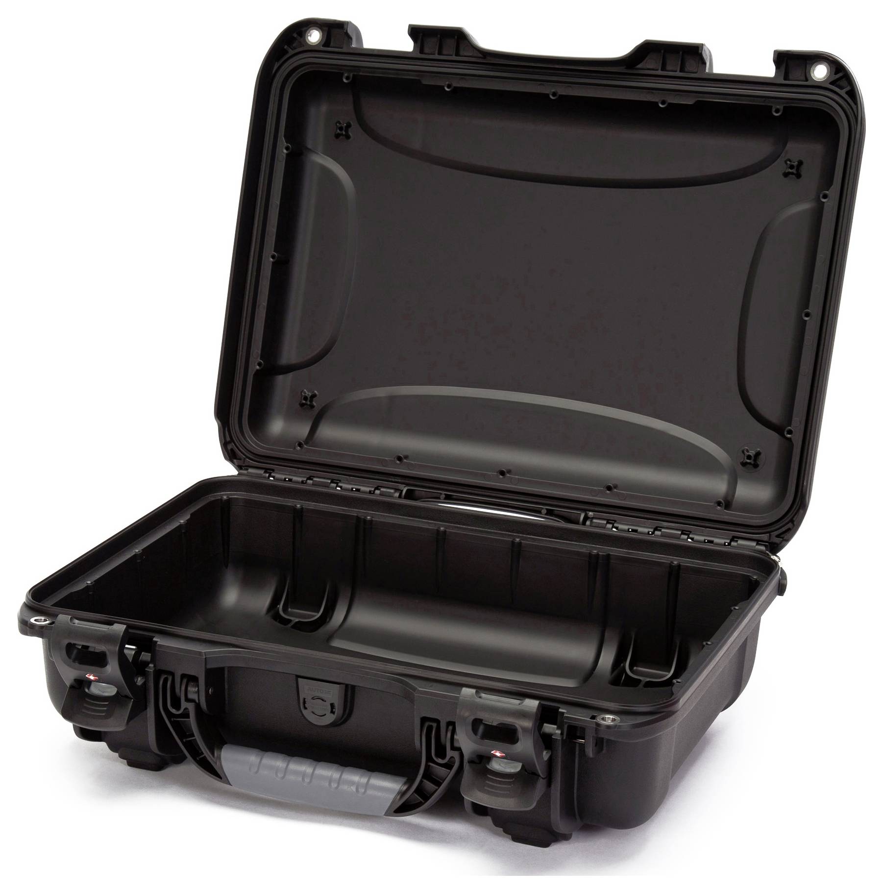 Black, open hard-shell case with sturdy handle and snap locks, ideal for the secure transportation of delicate equipment.