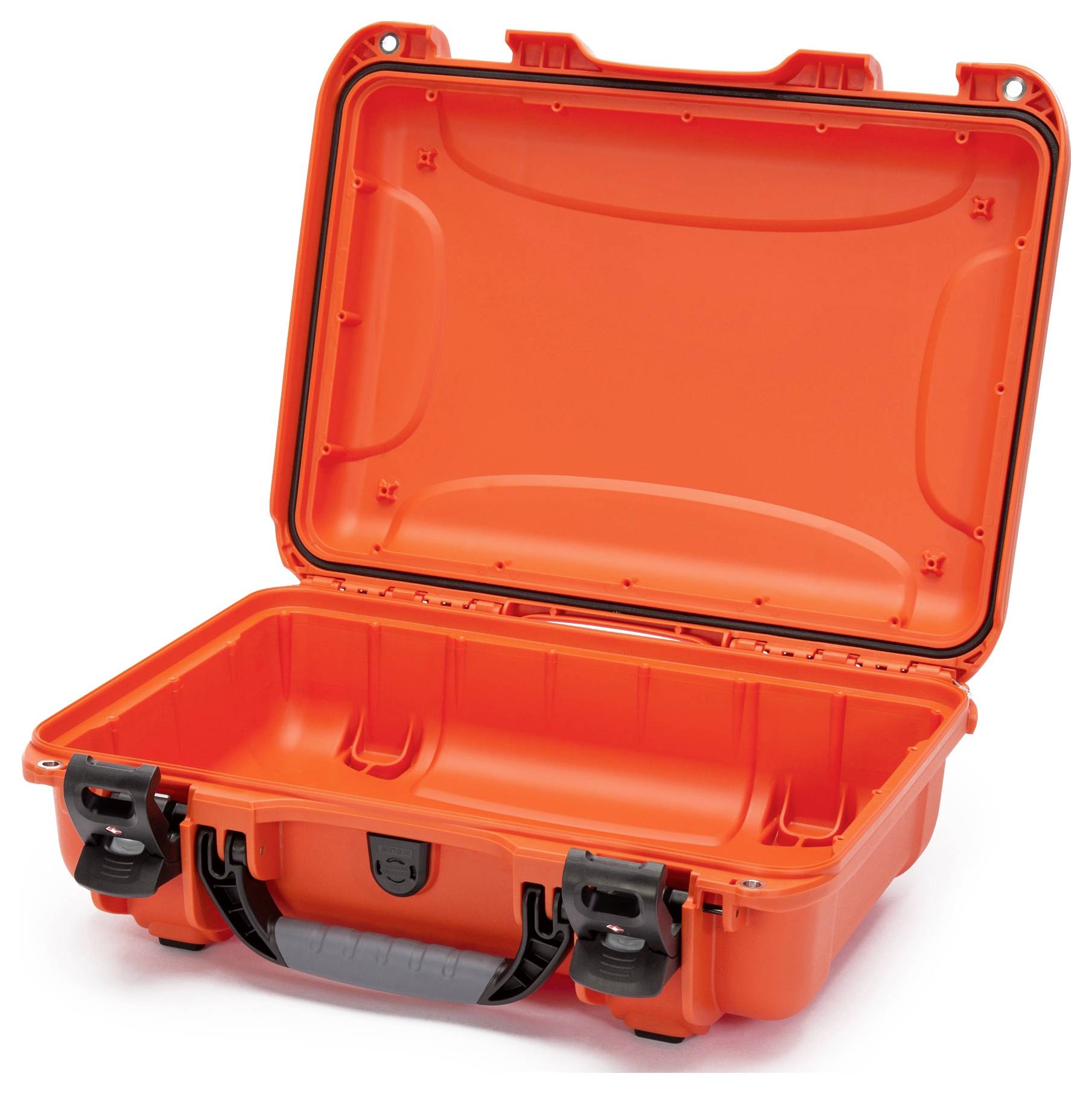 An open, robust, bright orange suitcase with a black handle and fastenings. Ideal for secure transport.