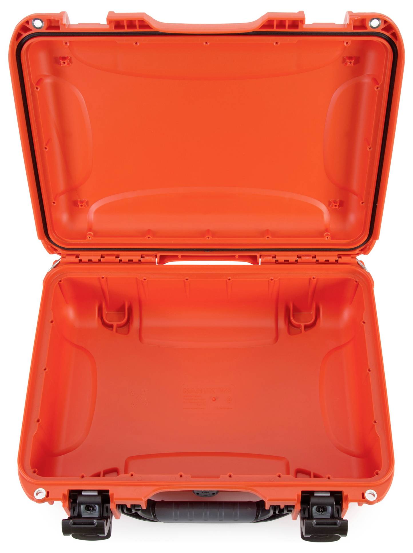 An opened, empty, orange hard-shell suitcase with robust locks, ideal for safely transporting delicate items.
