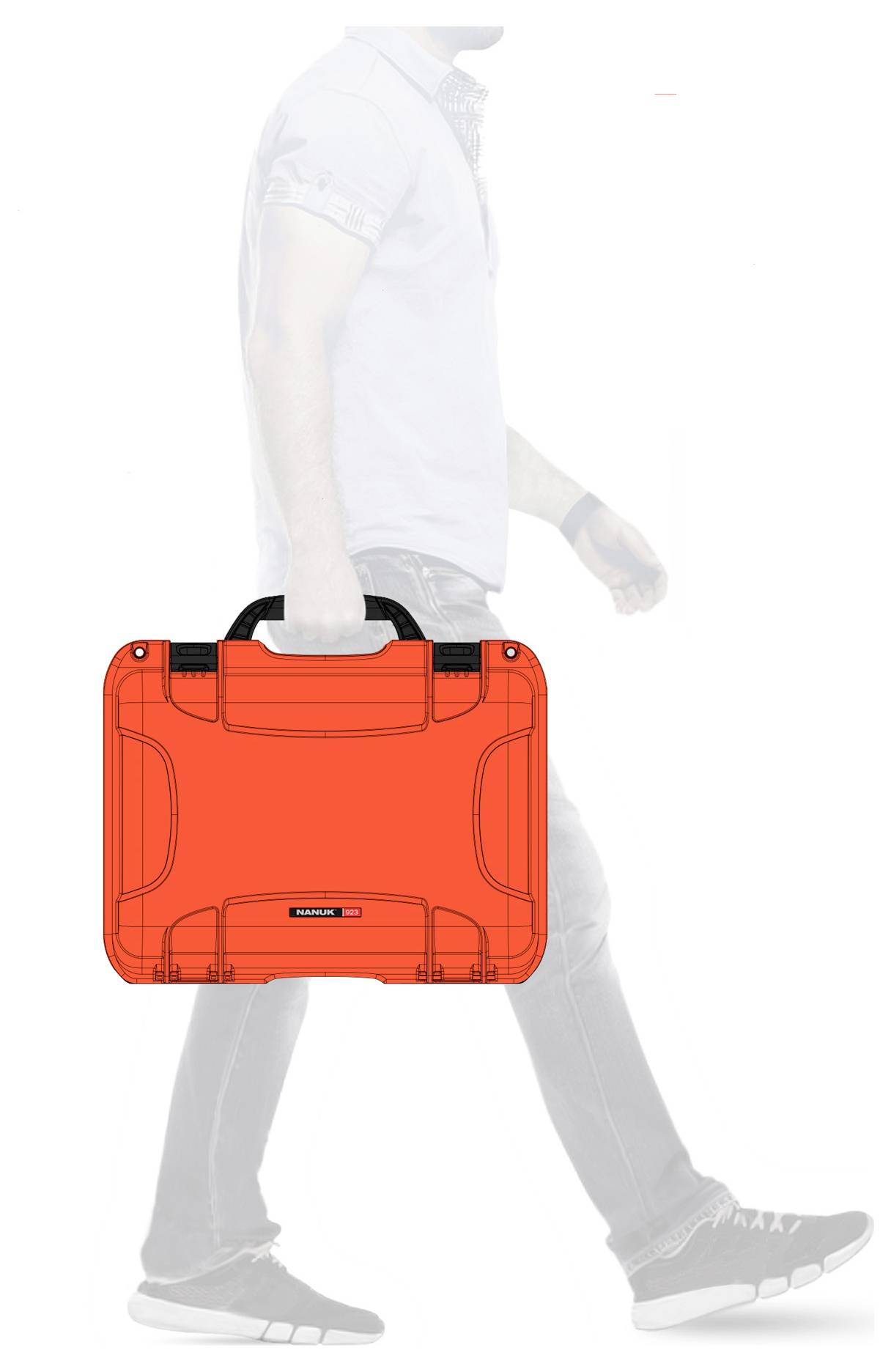 A man is carrying an orange suitcase.