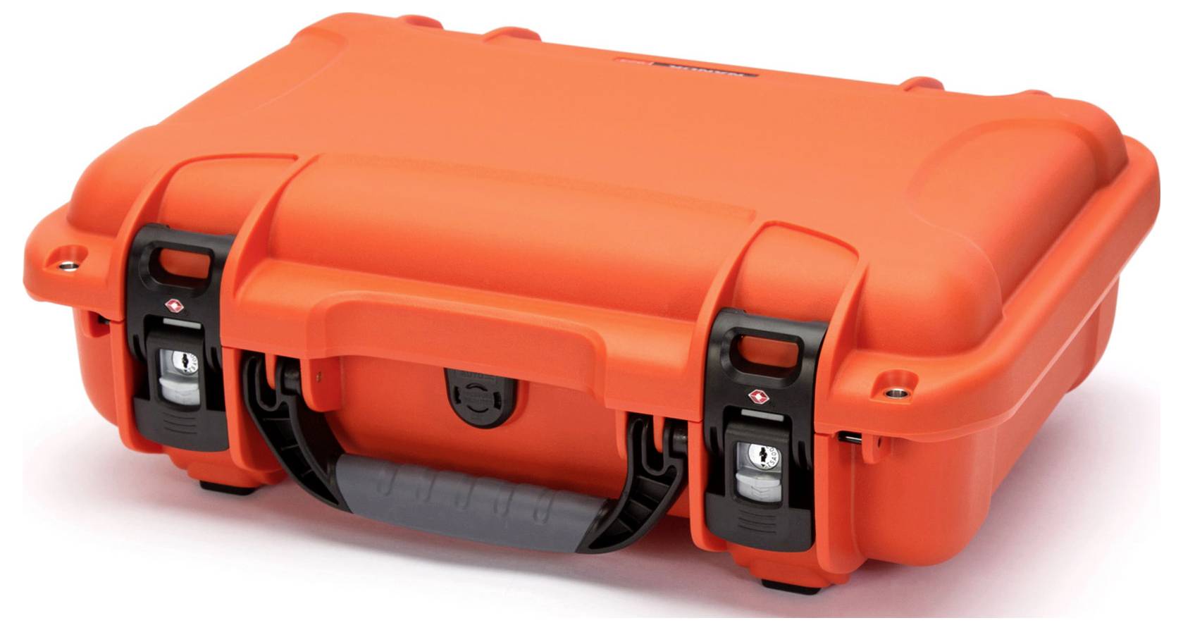 Bright orange, robust plastic case with a black handle and black fastenings. Suitable for the secure transportation of delicate items.