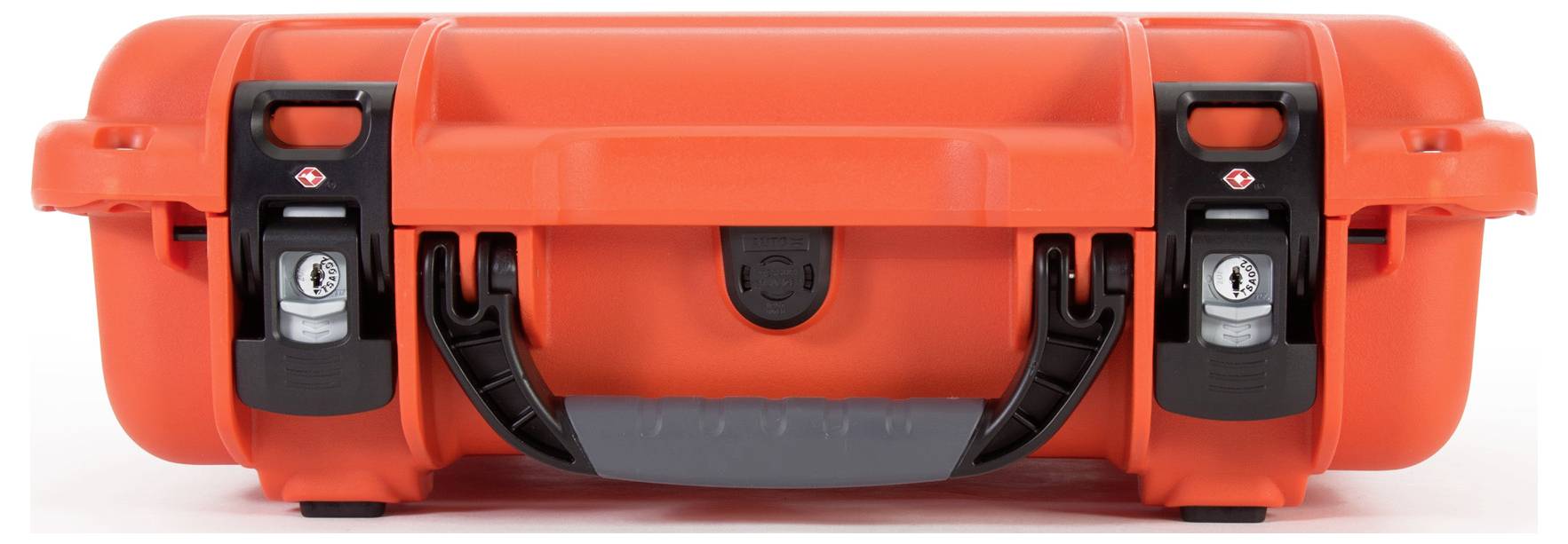 Bright red, protective hard-shell case with robust black latches and a central carrying handle.