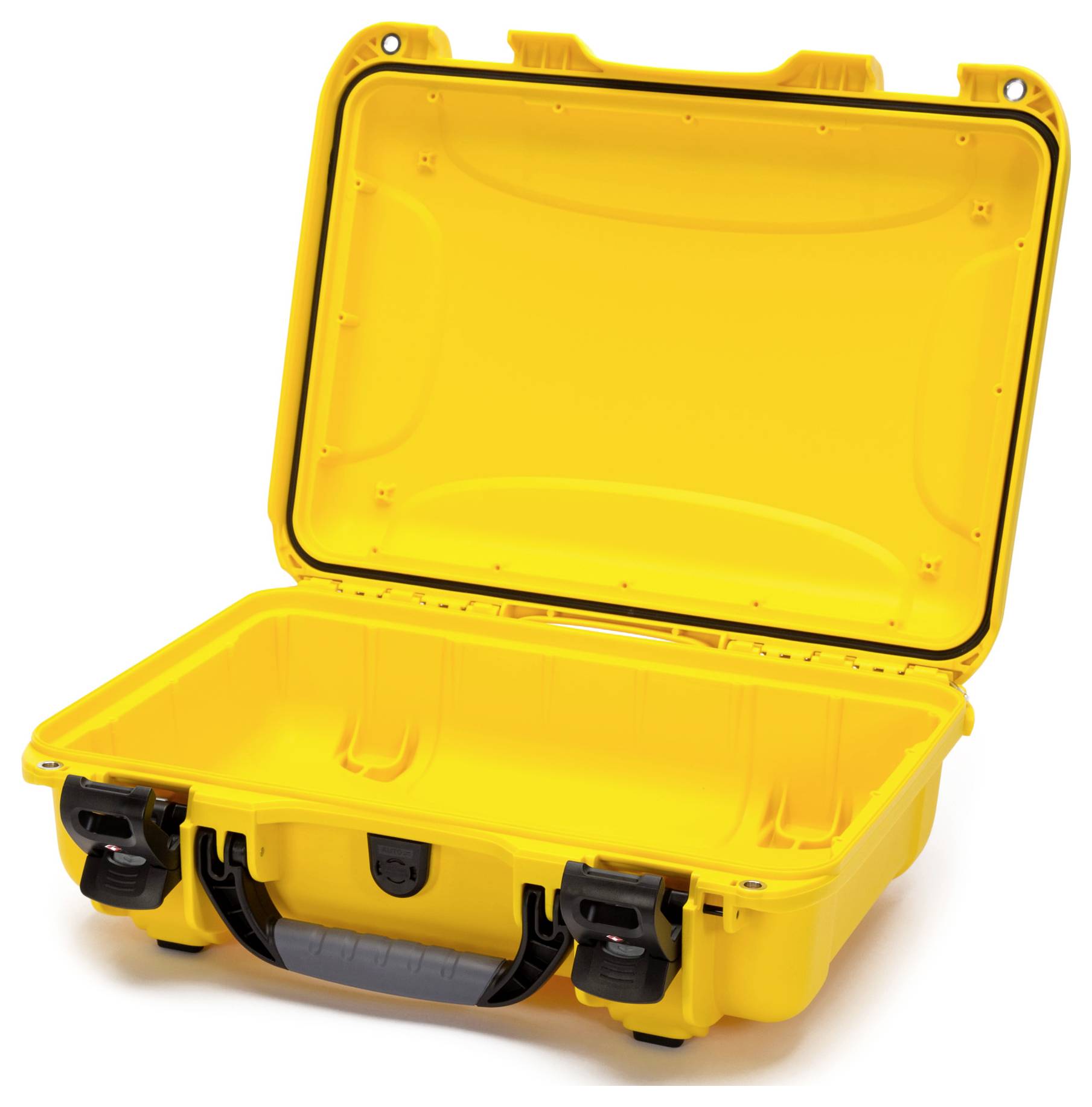 Yellow, open transport case with robust locks and handle, suitable for secure transport and storage of delicate items.