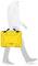 A man is carrying a yellow suitcase with black handles. The suitcase has a black and a red label.