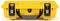 Yellow, robust protective case with black fastenings and carrying handle. Specifically designed for the secure transportation of delicate items.
