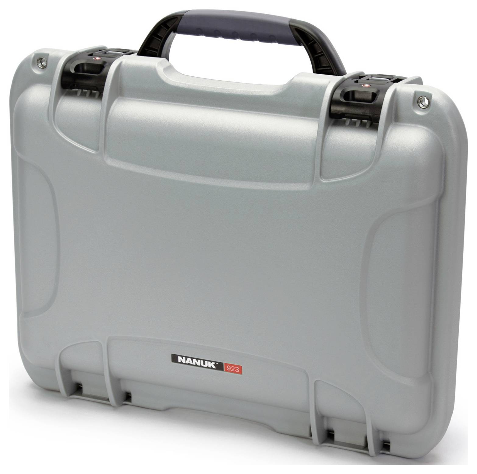 Grey hard-shell suitcase with black handle and robust latches, brand logo 'Nanuk 923' at the bottom.