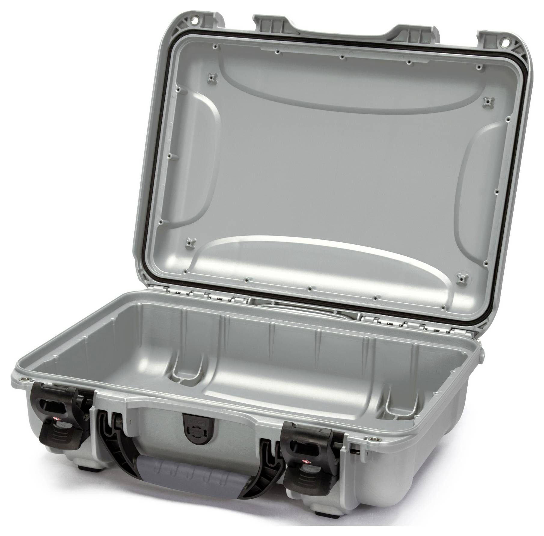 Grey, open protective case made from robust plastic with a black handle. Suitable for the secure transportation of delicate items.