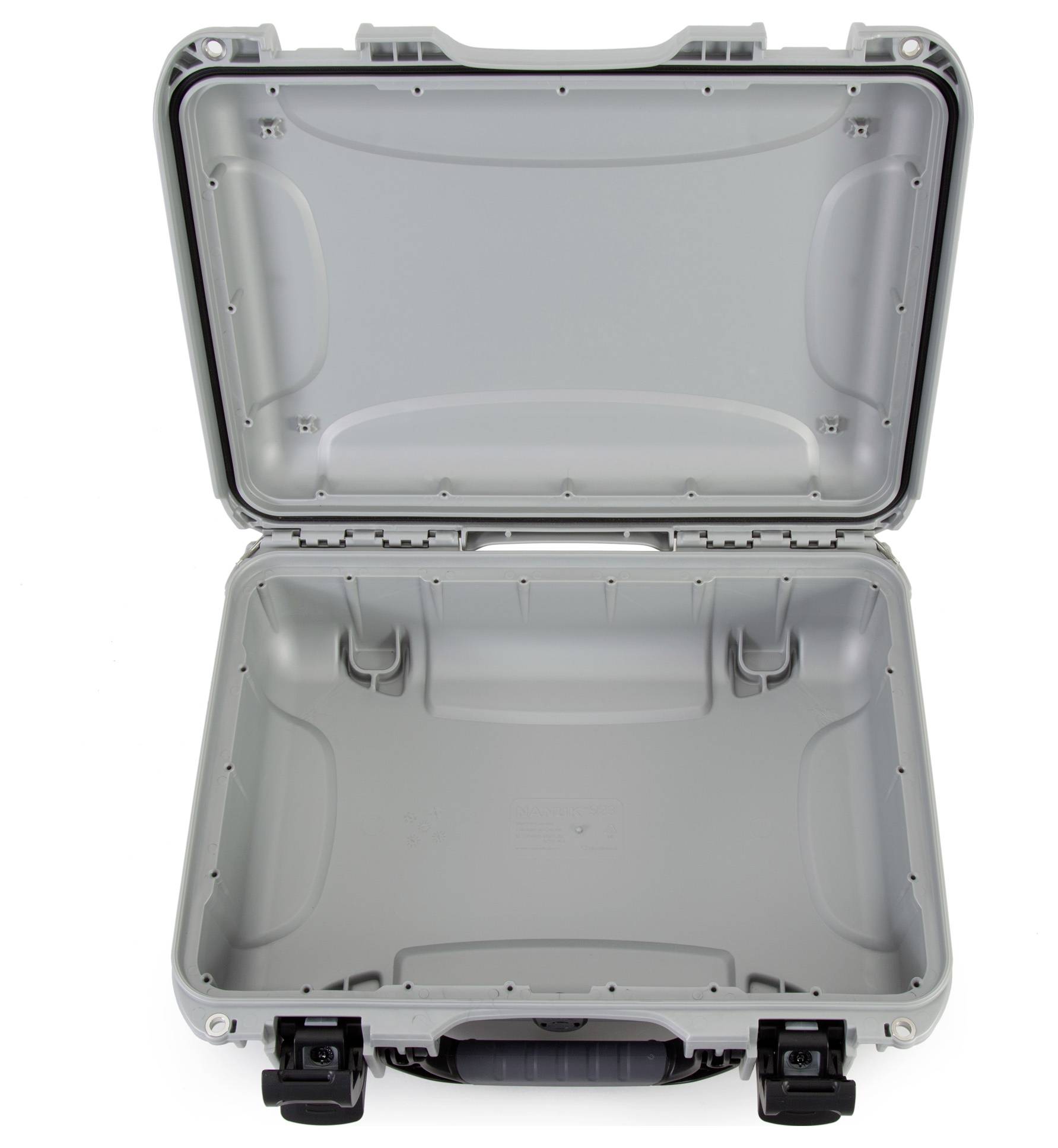 An open, empty grey hard-shell suitcase, shown against a white background, displaying its interior without any contents.
