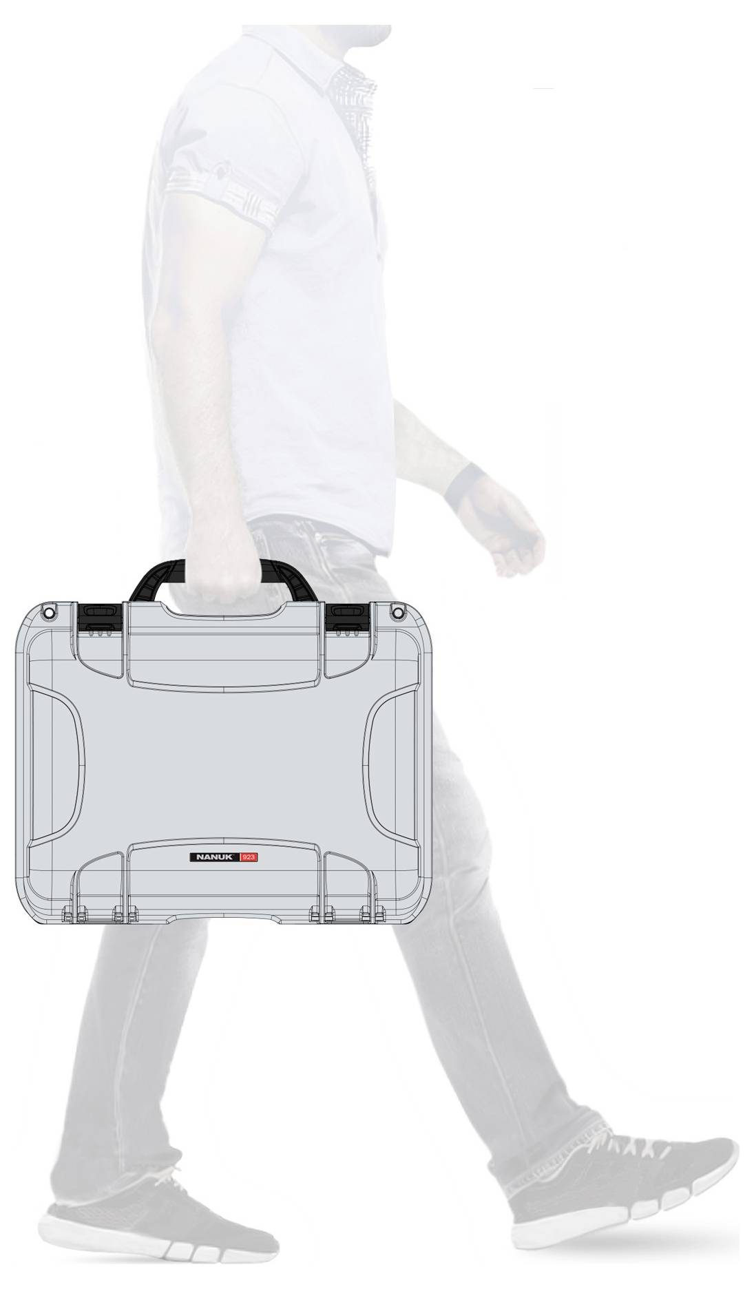 A person is carrying a grey suitcase with a black handle in their right hand. The suitcase has a rectangular design with rounded corners.