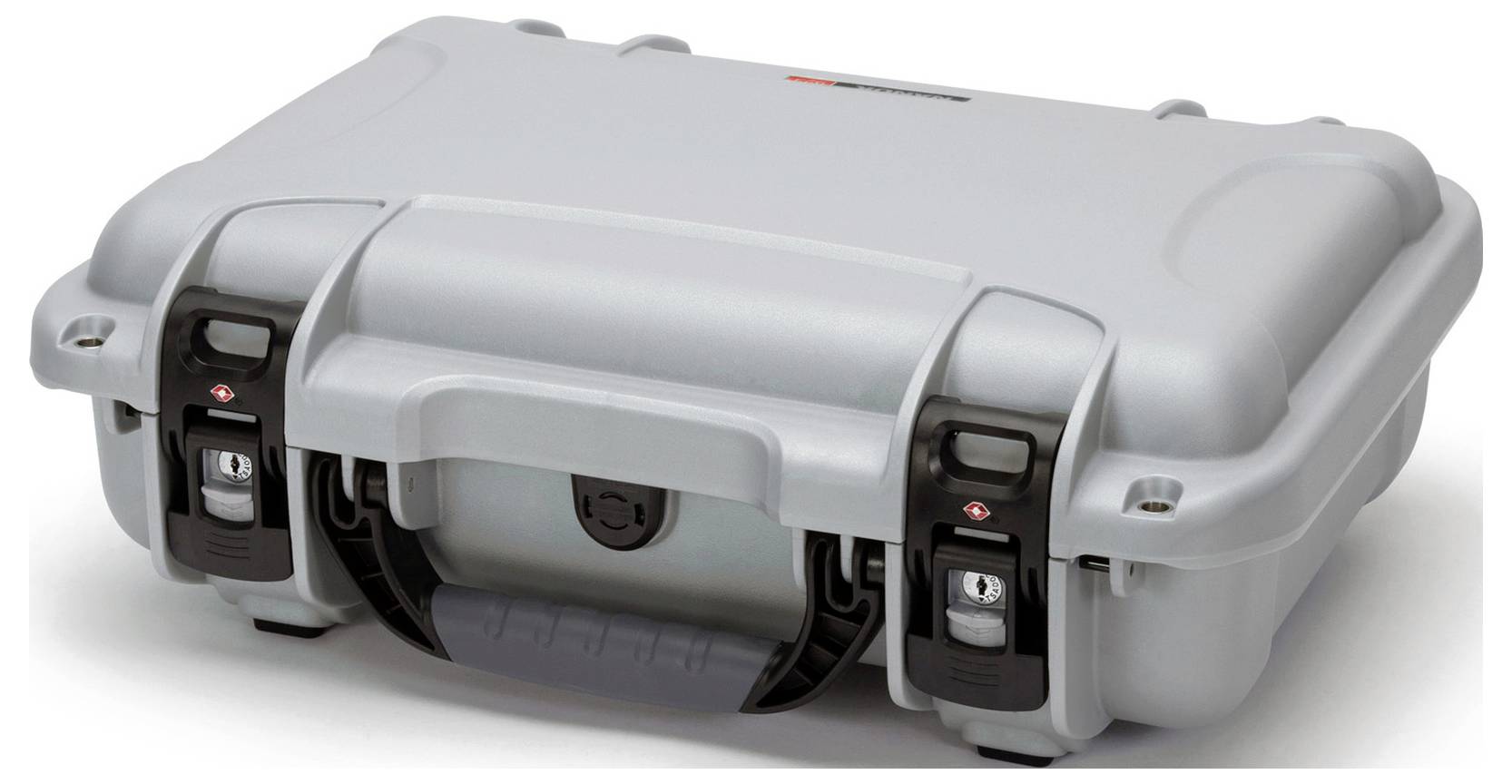 A silver, robust suitcase with black locks and carrying handle, ideal for protecting and transporting delicate items.