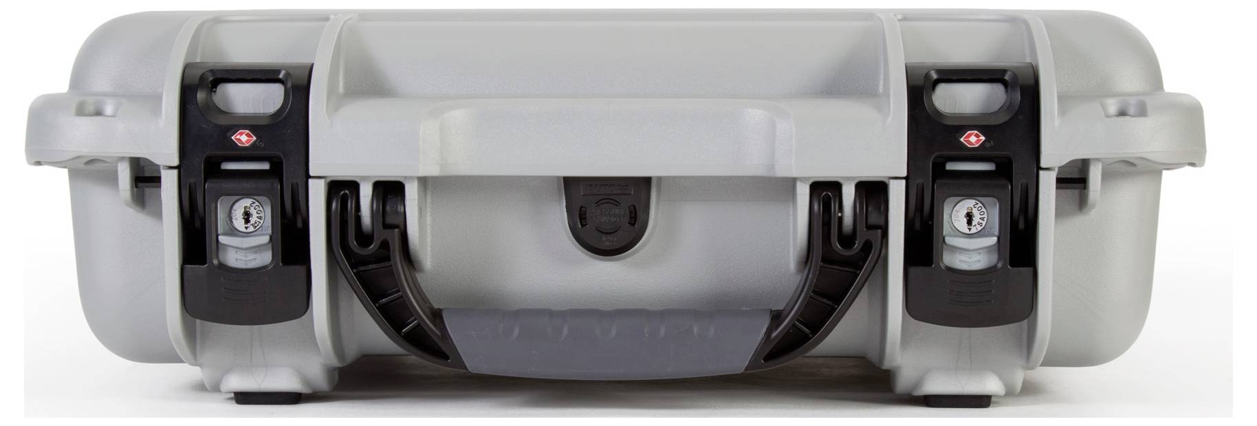 Grey hard-shell suitcase with two black locks and a central carrying handle placed on a white surface.