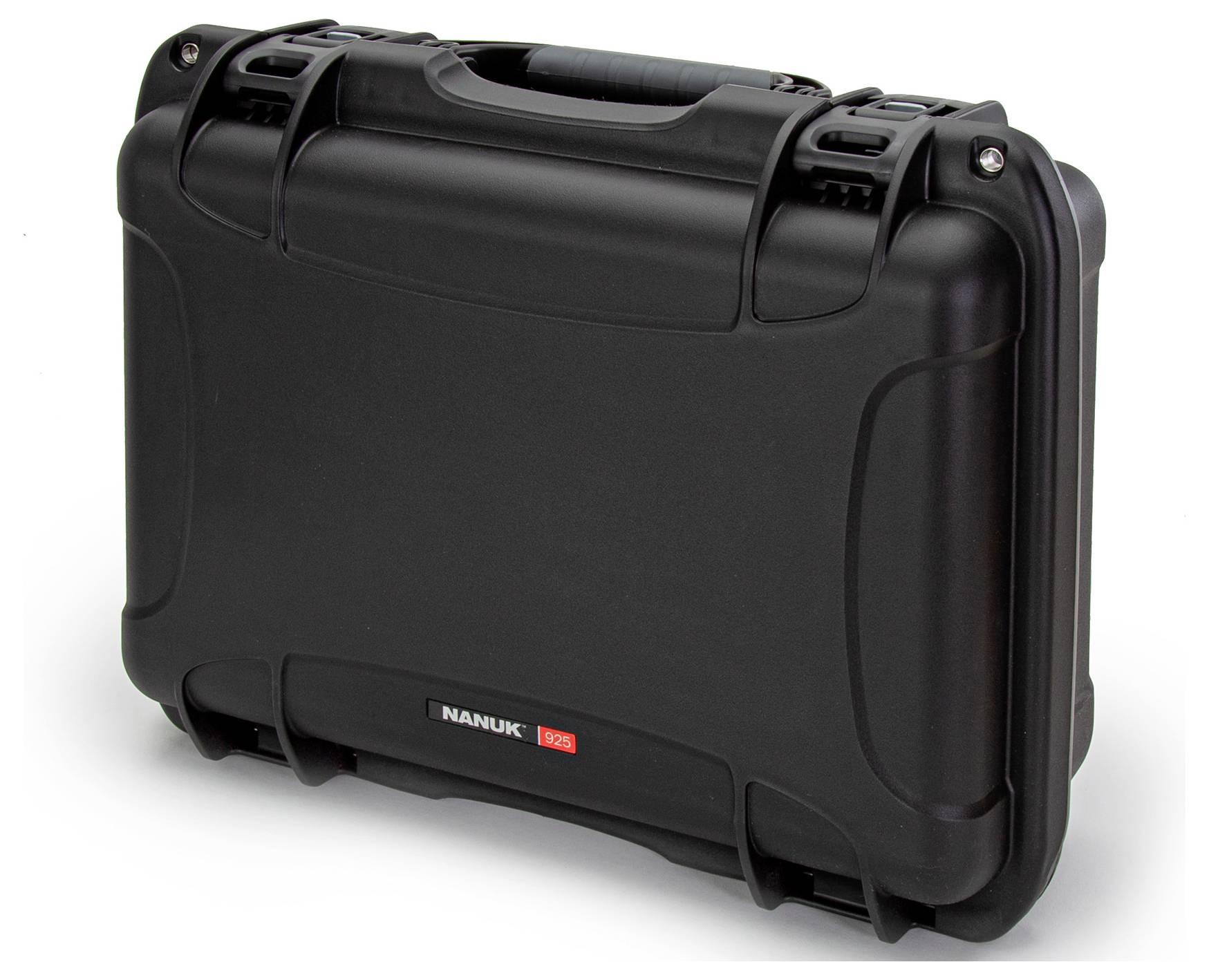 Black, robust protective case with carry handle. Brand 'Nanuk 910'. Designed for secure transportation and protection of delicate equipment.