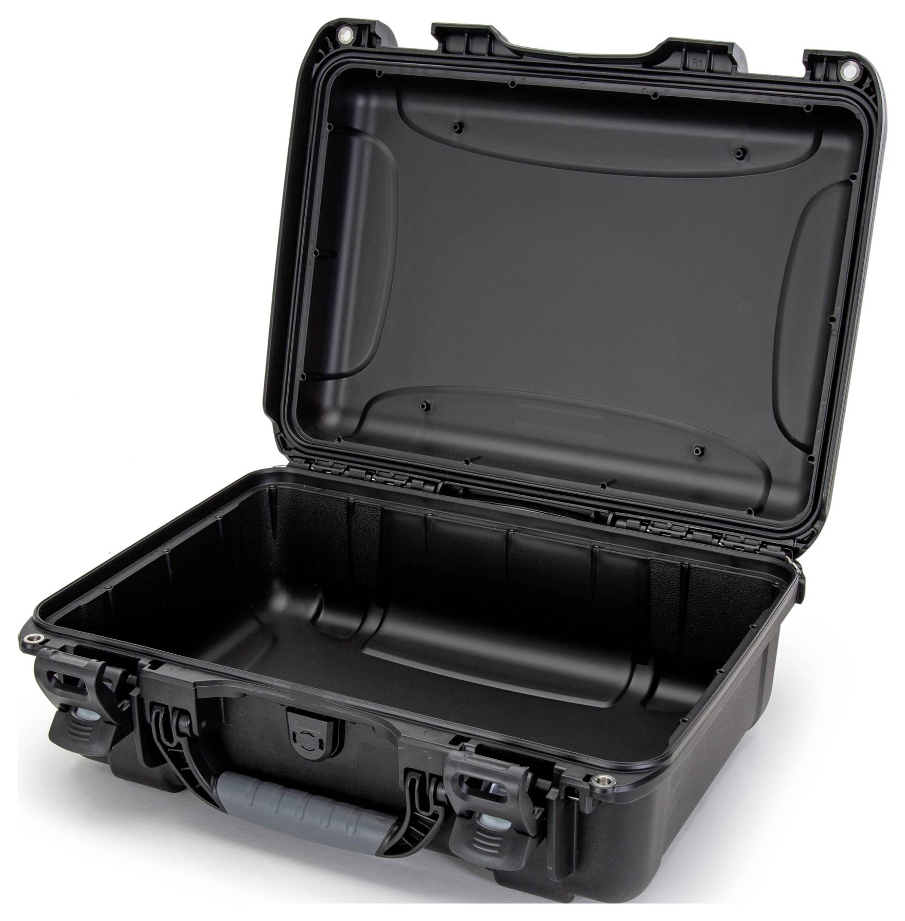 An open, black hard-shell suitcase, unpacked and empty. The suitcase is robust, with a ribbed interior and secure fastenings.