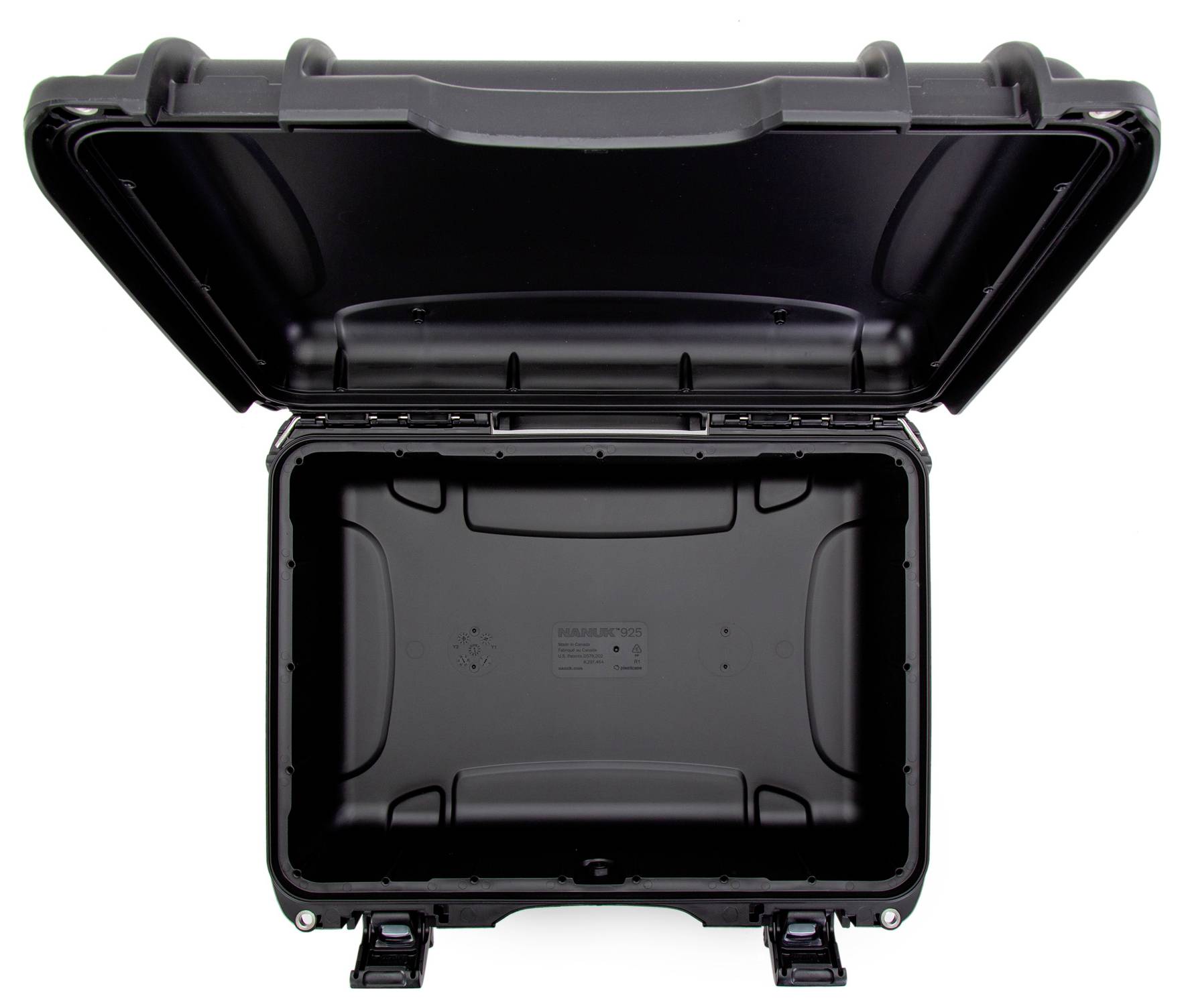 Open, empty, black hard-shell suitcase with robust design and two snap locks. Ideal for transporting delicate items.
