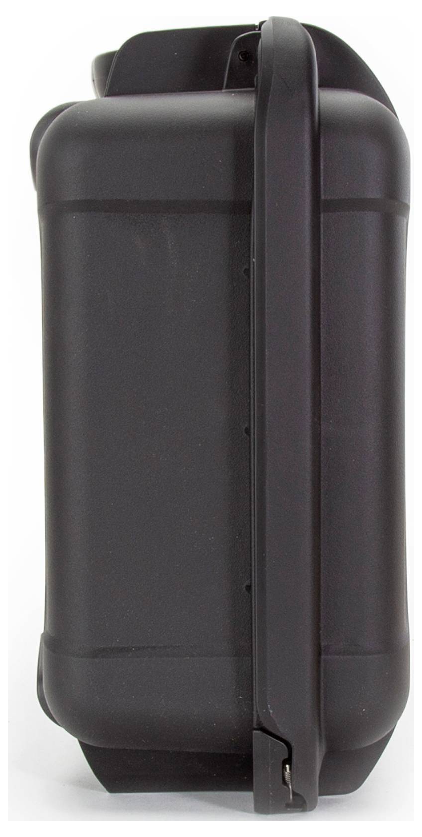 Black hard plastic case with side handle, vertically positioned.