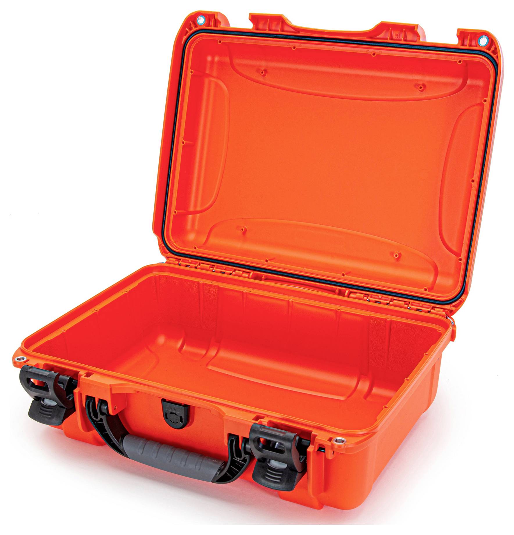 An open, bright orange plastic suitcase with a black handle and clasps. The suitcase is empty and robustly constructed.