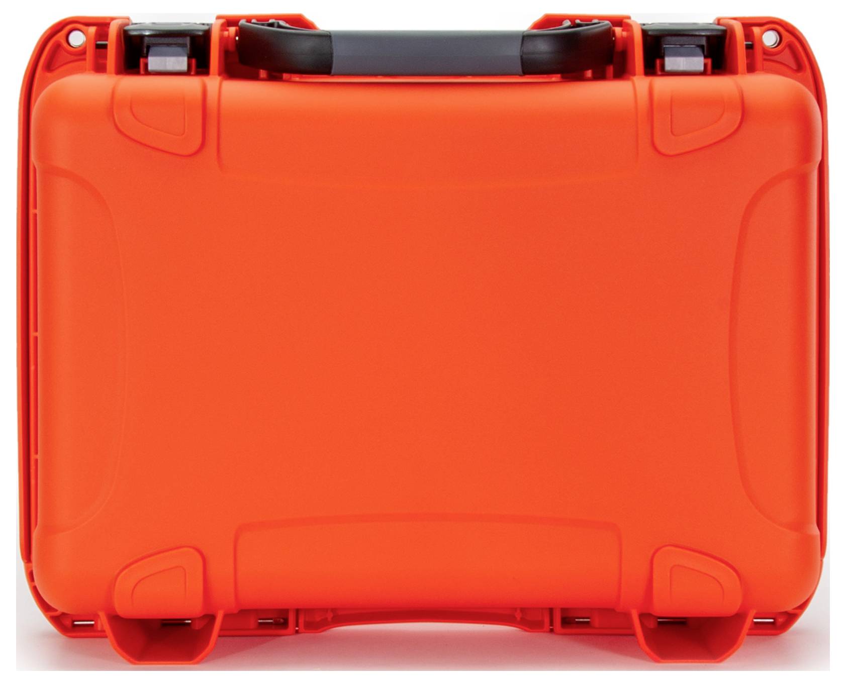 A vibrant orange, sturdy hard-shell suitcase with black handles.
