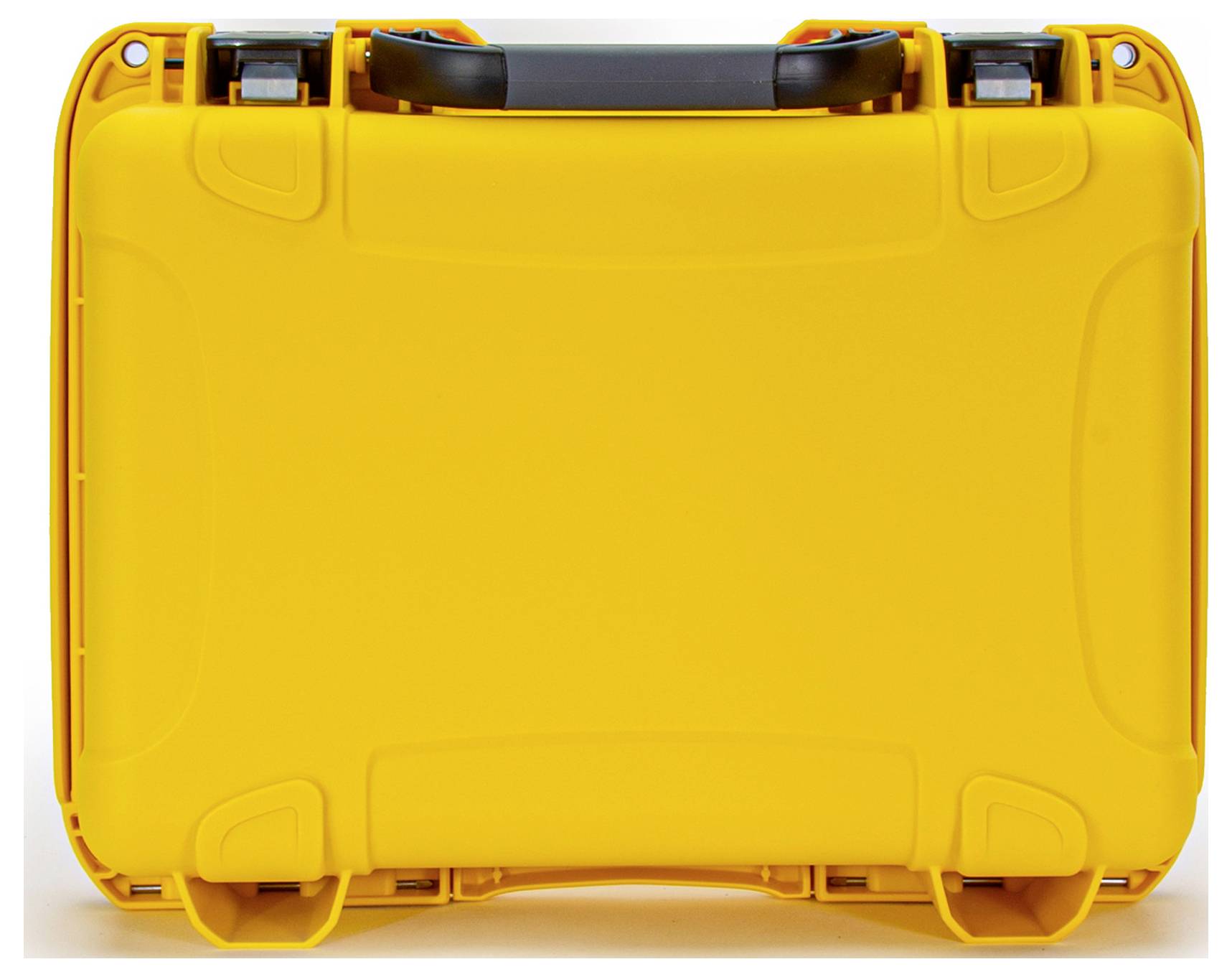 Yellow hard-shell suitcase with black handles, closed. Suitable for secure transport or storage of delicate items.