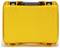 Yellow hard-shell suitcase with black handles, closed. Suitable for secure transport or storage of delicate items.