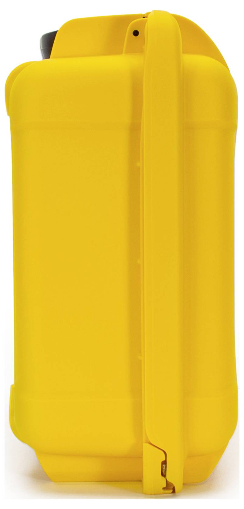 Yellow jerry can with a black lid, side view. The jerry can has an integrated handle and a smooth surface.